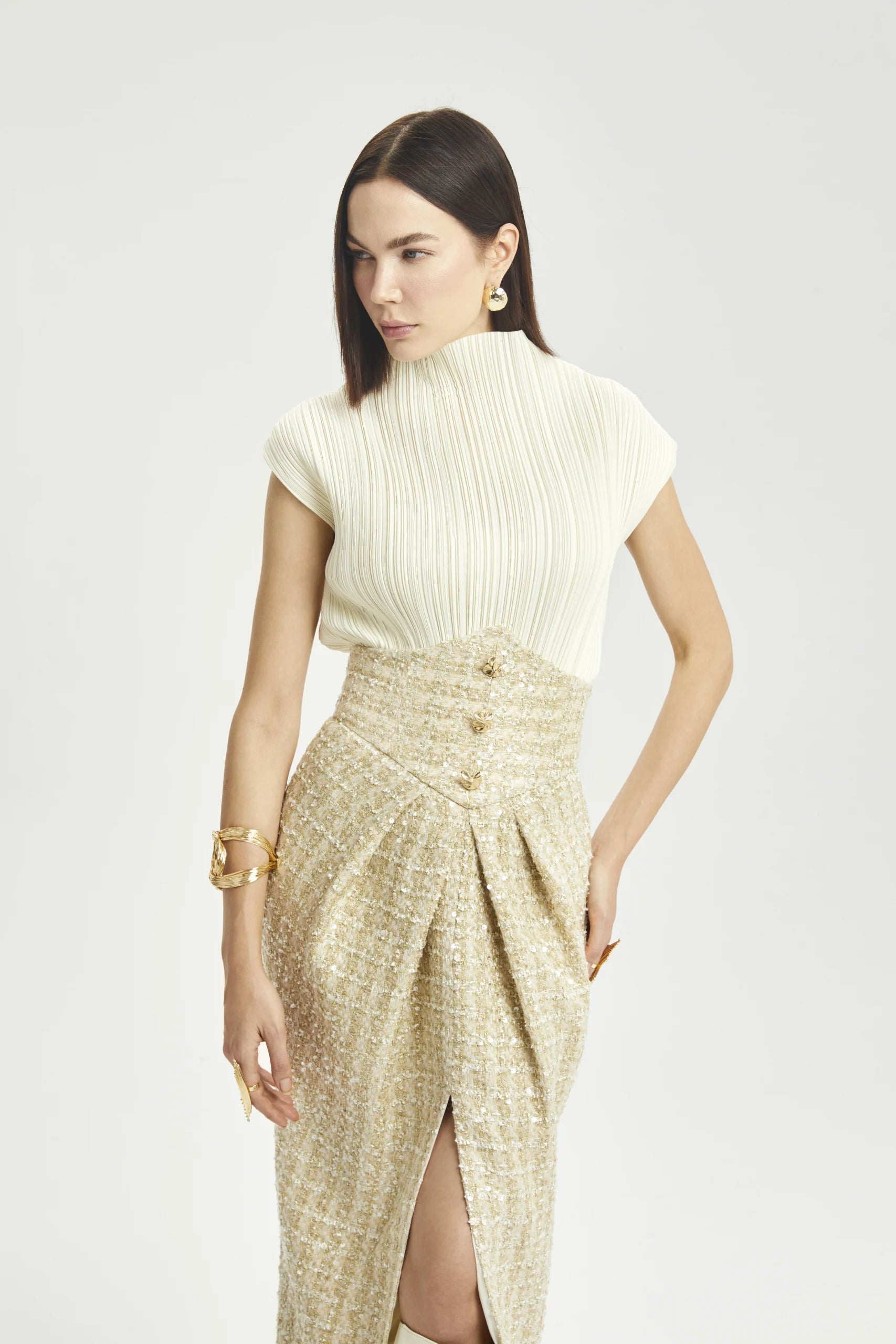 Corset-Waist Pleated Midi Skirt