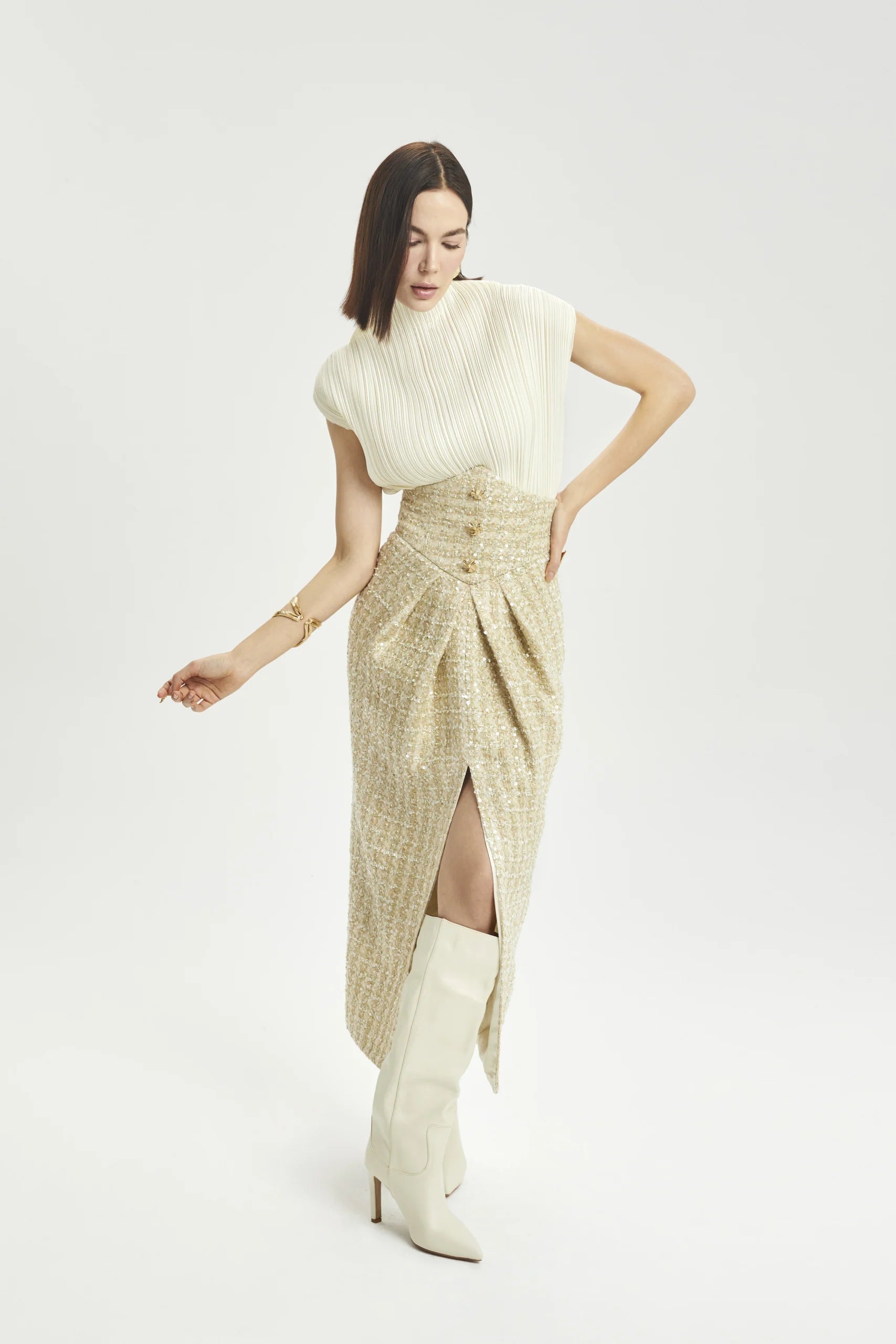 Corset-Waist Pleated Midi Skirt