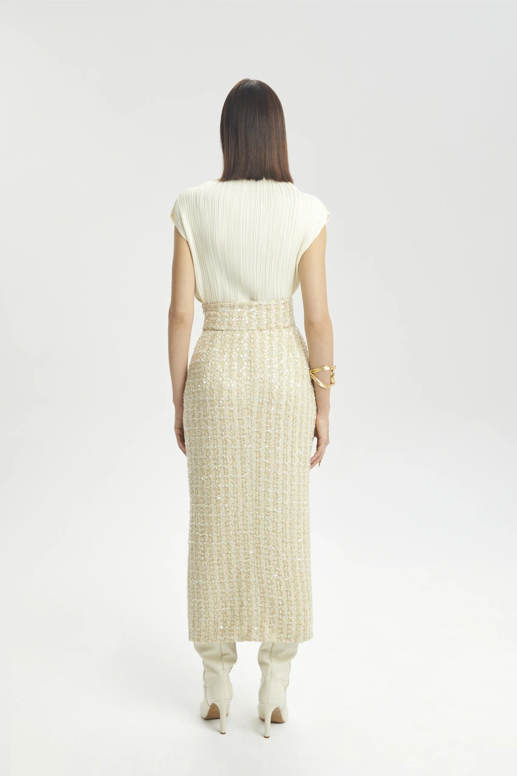 Corset-Waist Pleated Midi Skirt