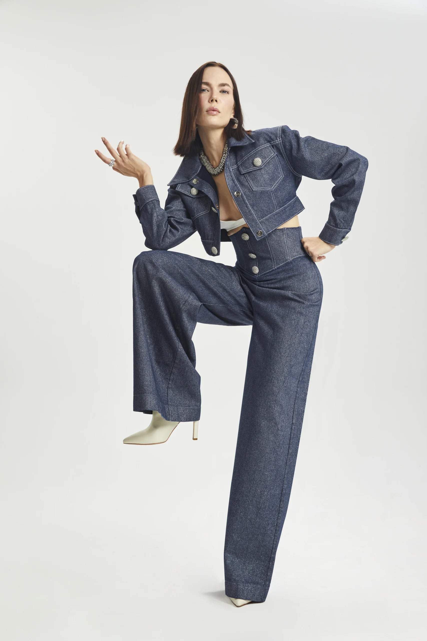 Corseted Wide-Leg Denim Trousers
