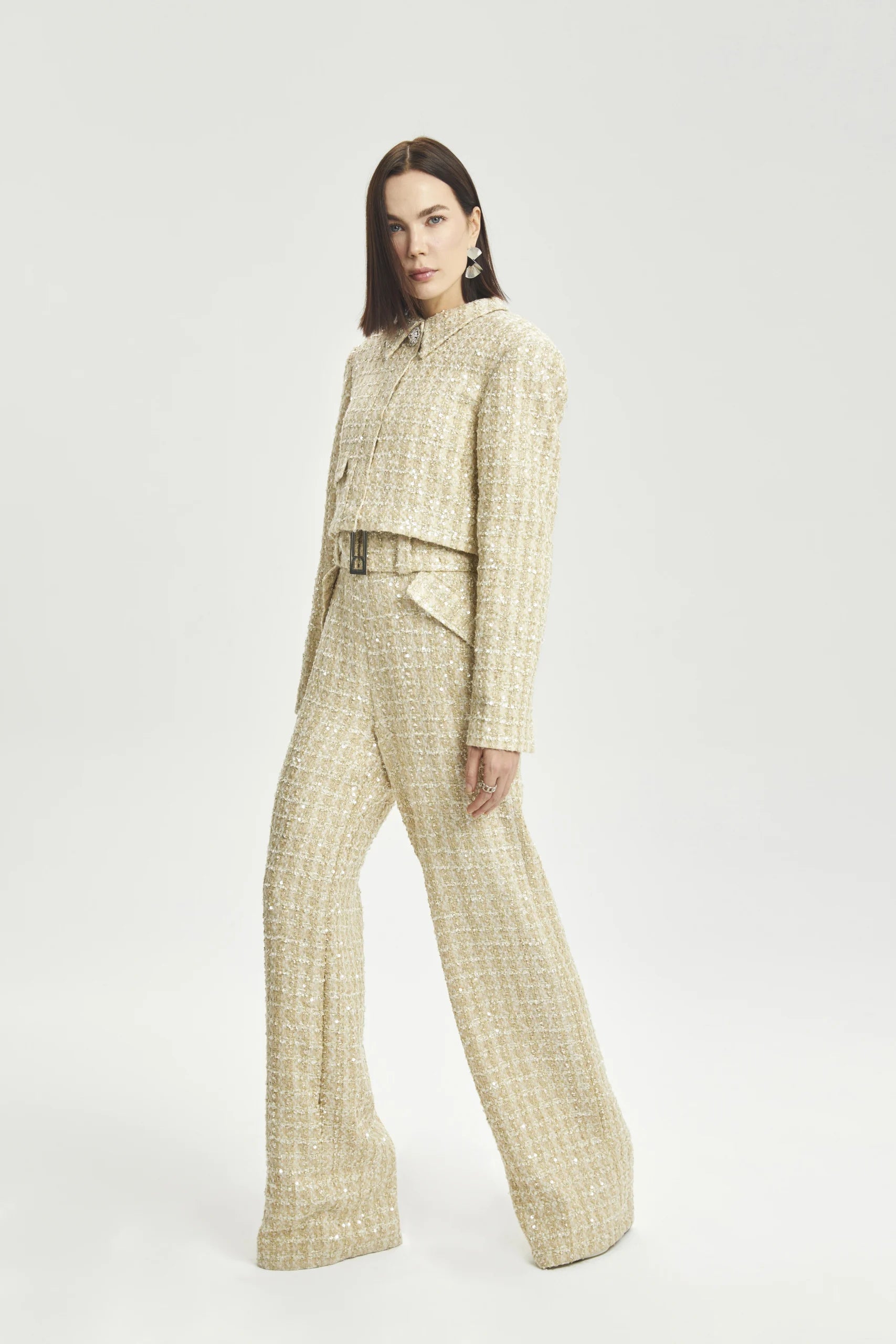 Cropped Bouclé Jacket with Snap Closure