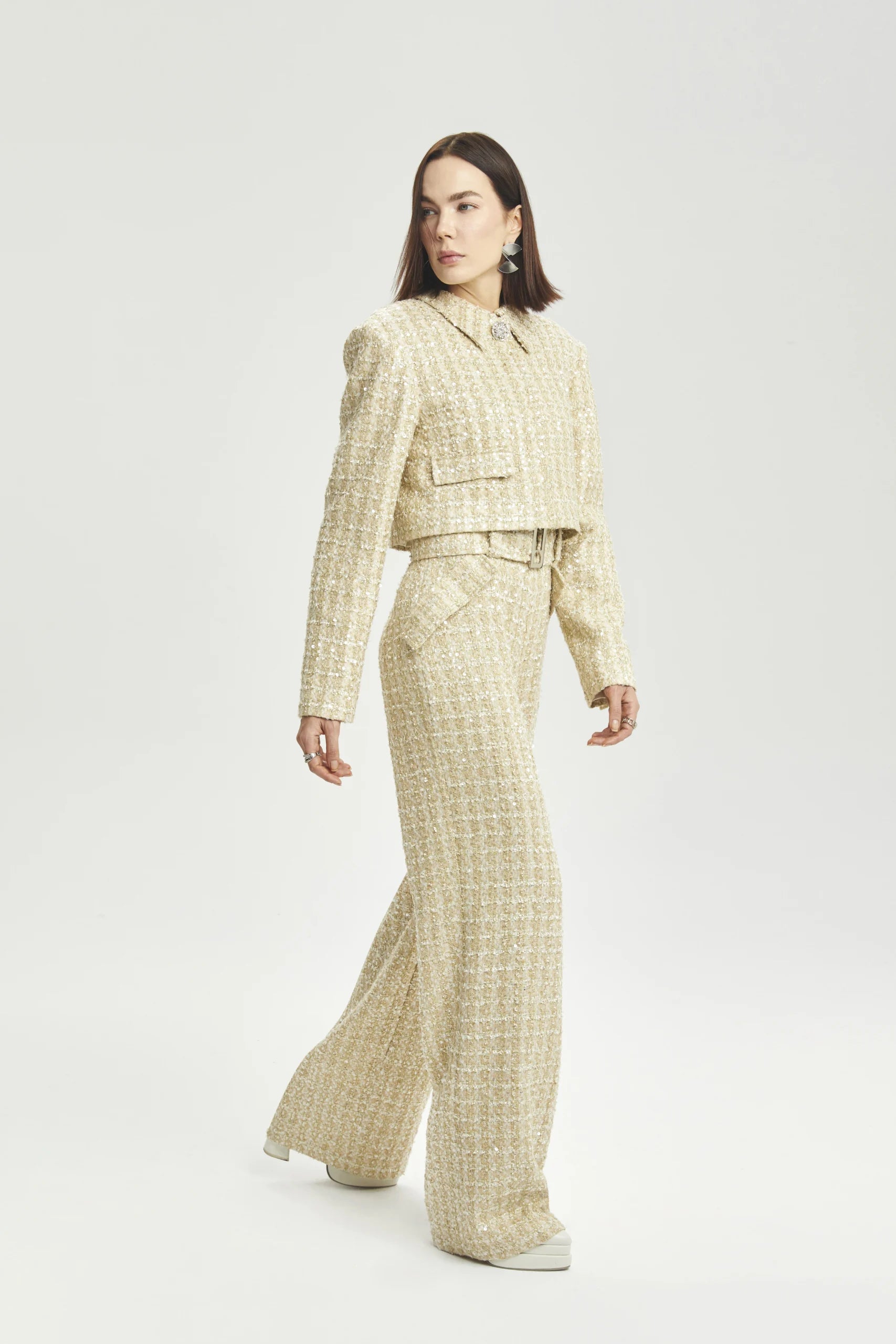 Cropped Bouclé Jacket with Snap Closure