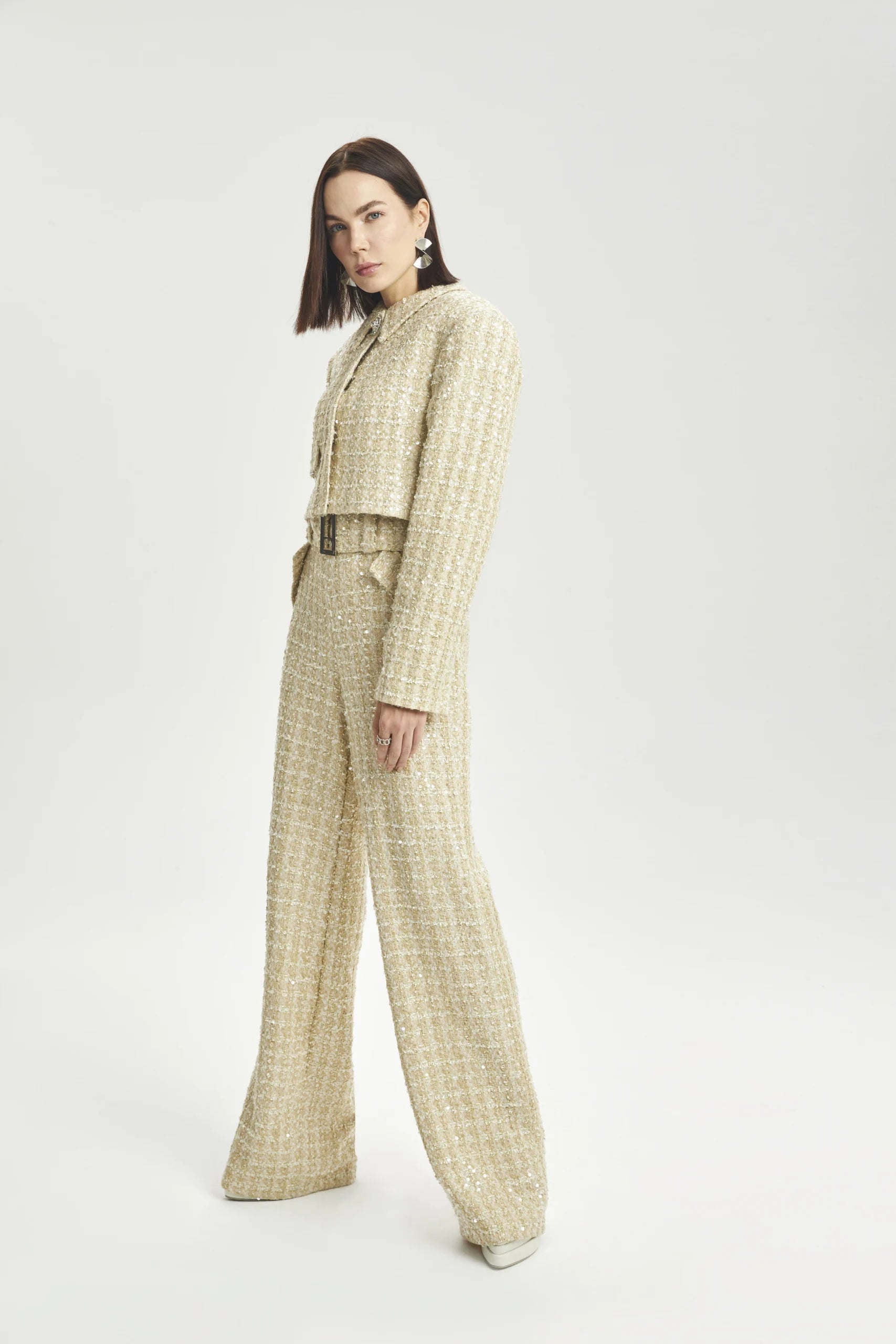 Cropped Bouclé Jacket with Snap Closure