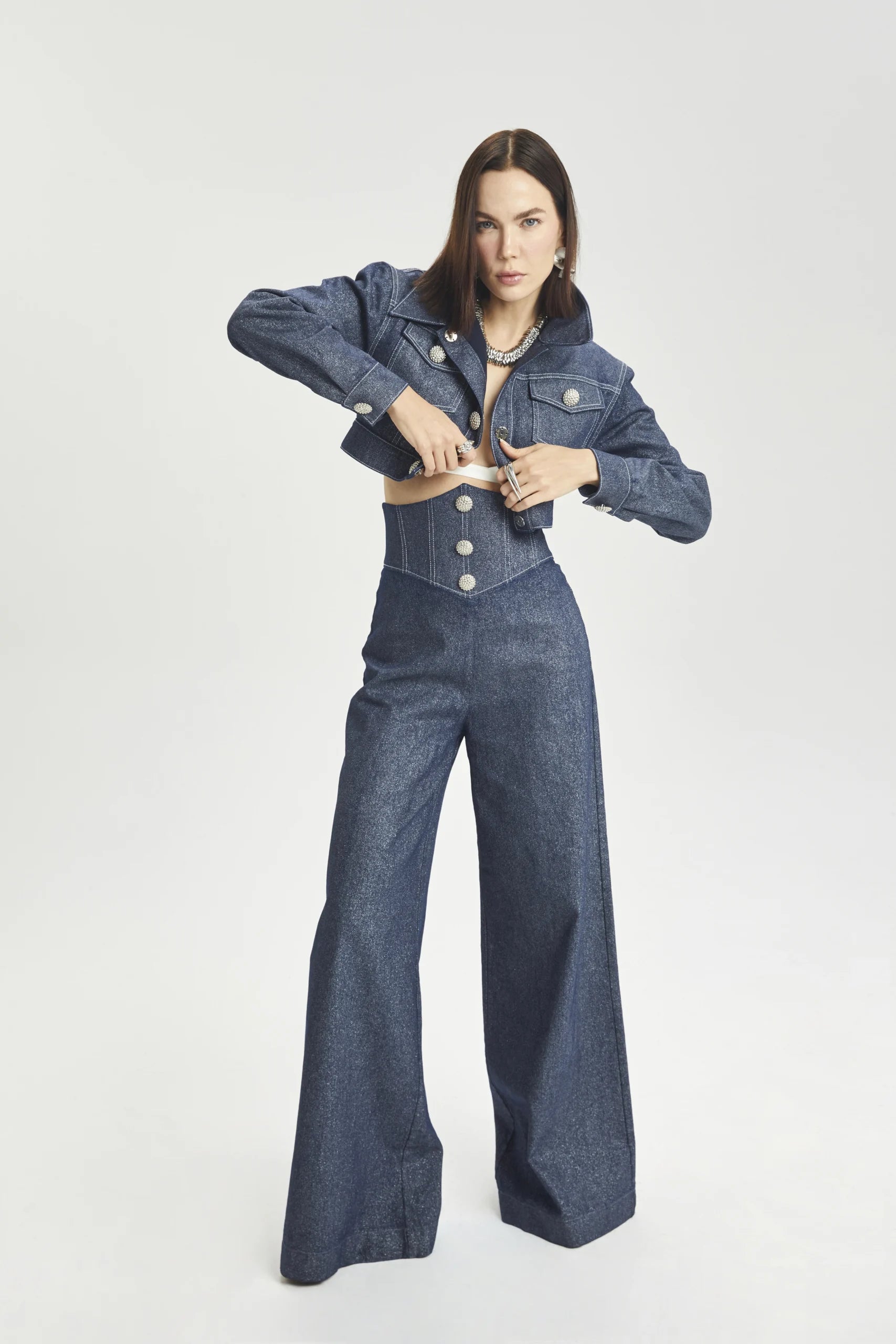 Cropped Contrast-Stitch Denim Jacket