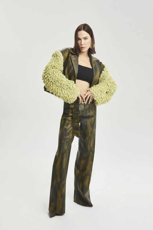 Cropped Leather Jacket with Faux Fur Sleeves
