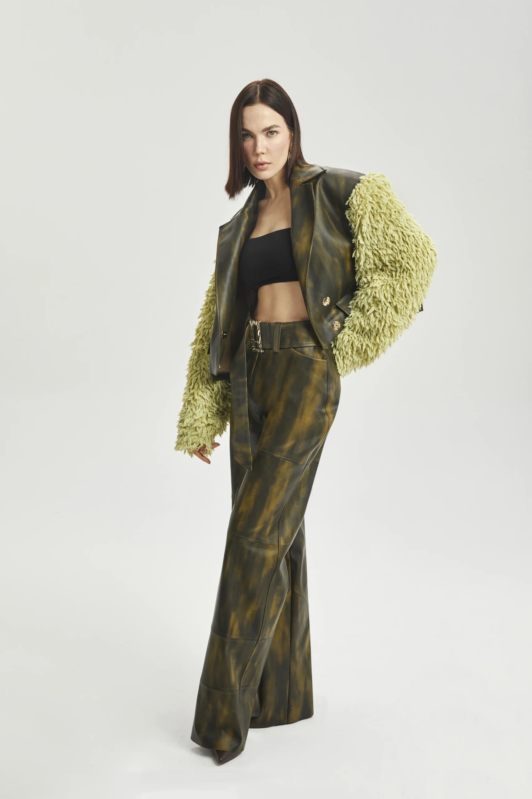 Cropped Leather Jacket with Faux Fur Sleeves