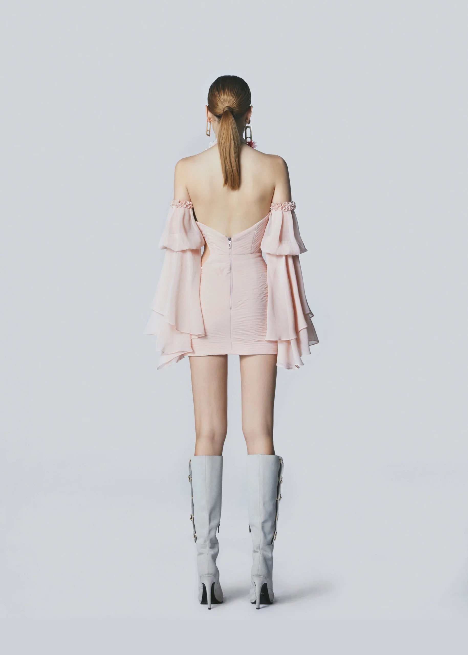 Cut - Out Detailed Draped Chiffon Mini Dress