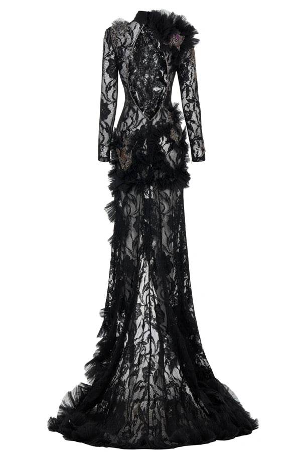 Cut-Out Detailed Embellished Lace Dress