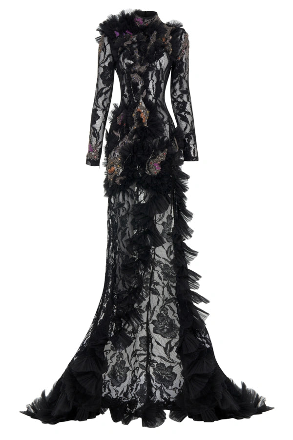 Cut-Out Detailed Embellished Lace Dress