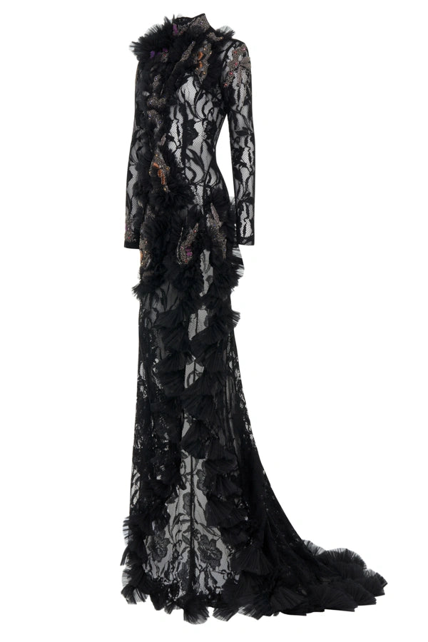 Cut-Out Detailed Embellished Lace Dress