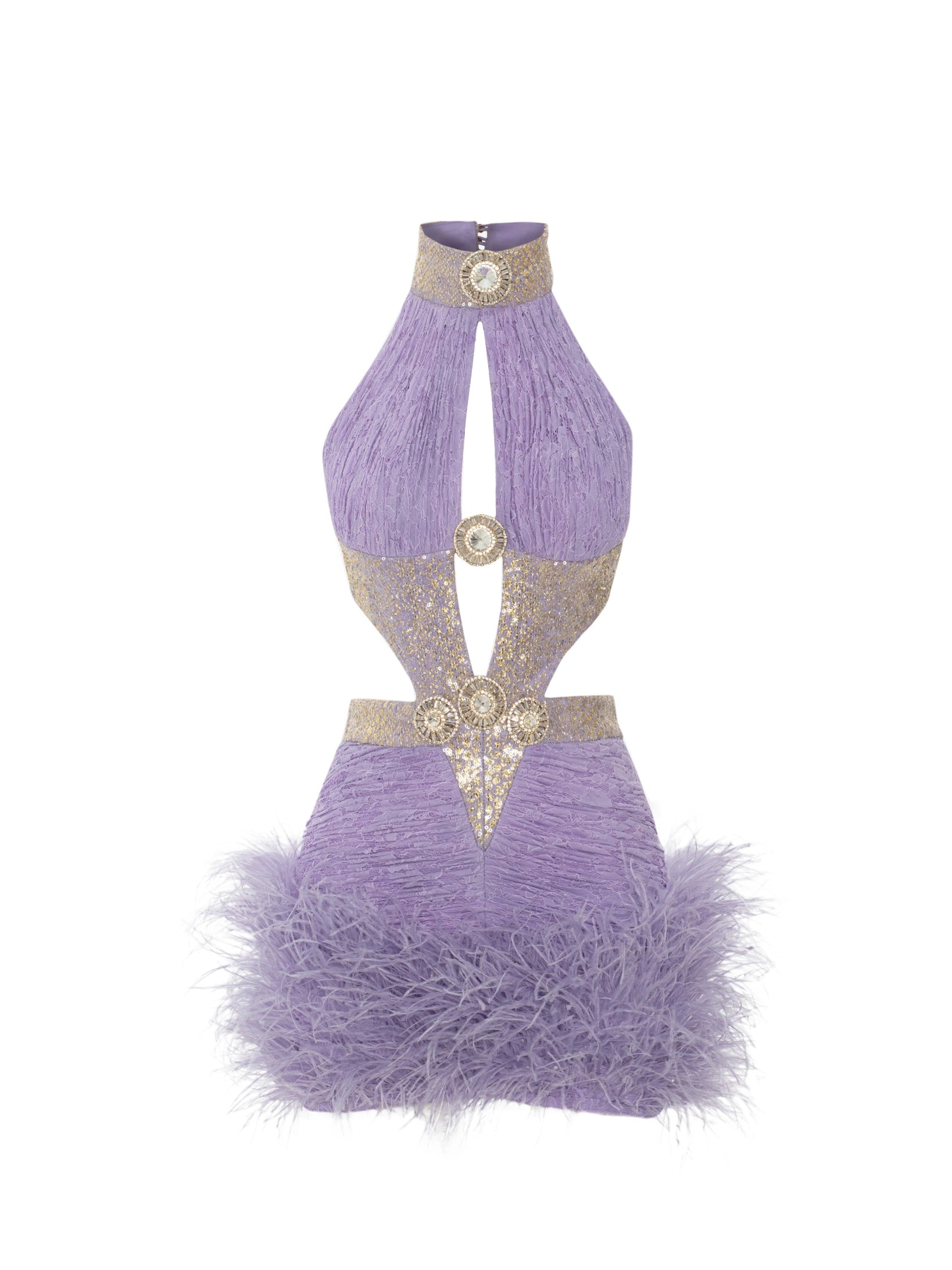 Cut Out Detailed Lace Mini Dress With Feather And Brooch - Handmade