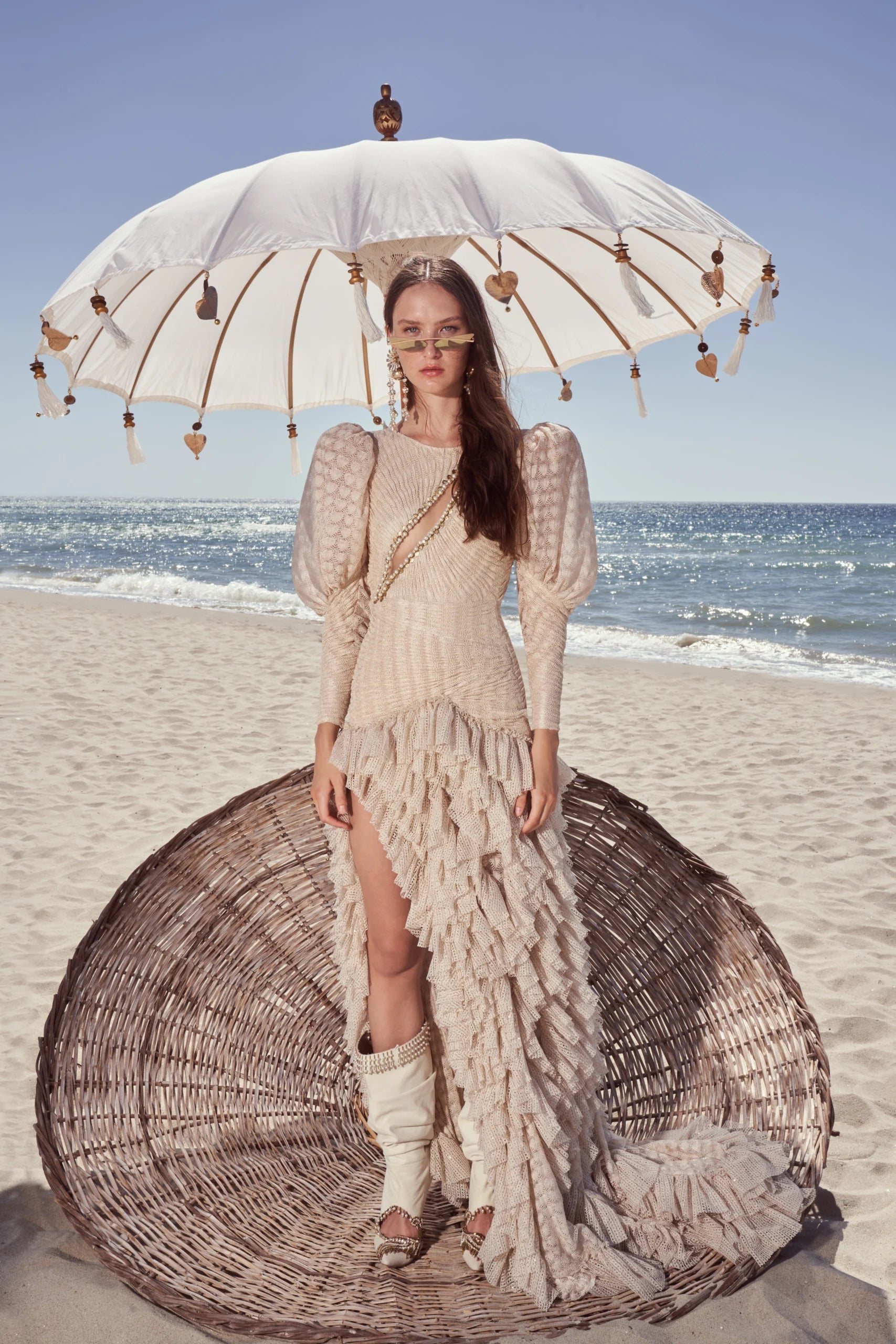 Cut-Out Detailed Open-Knit Ruffle Dress