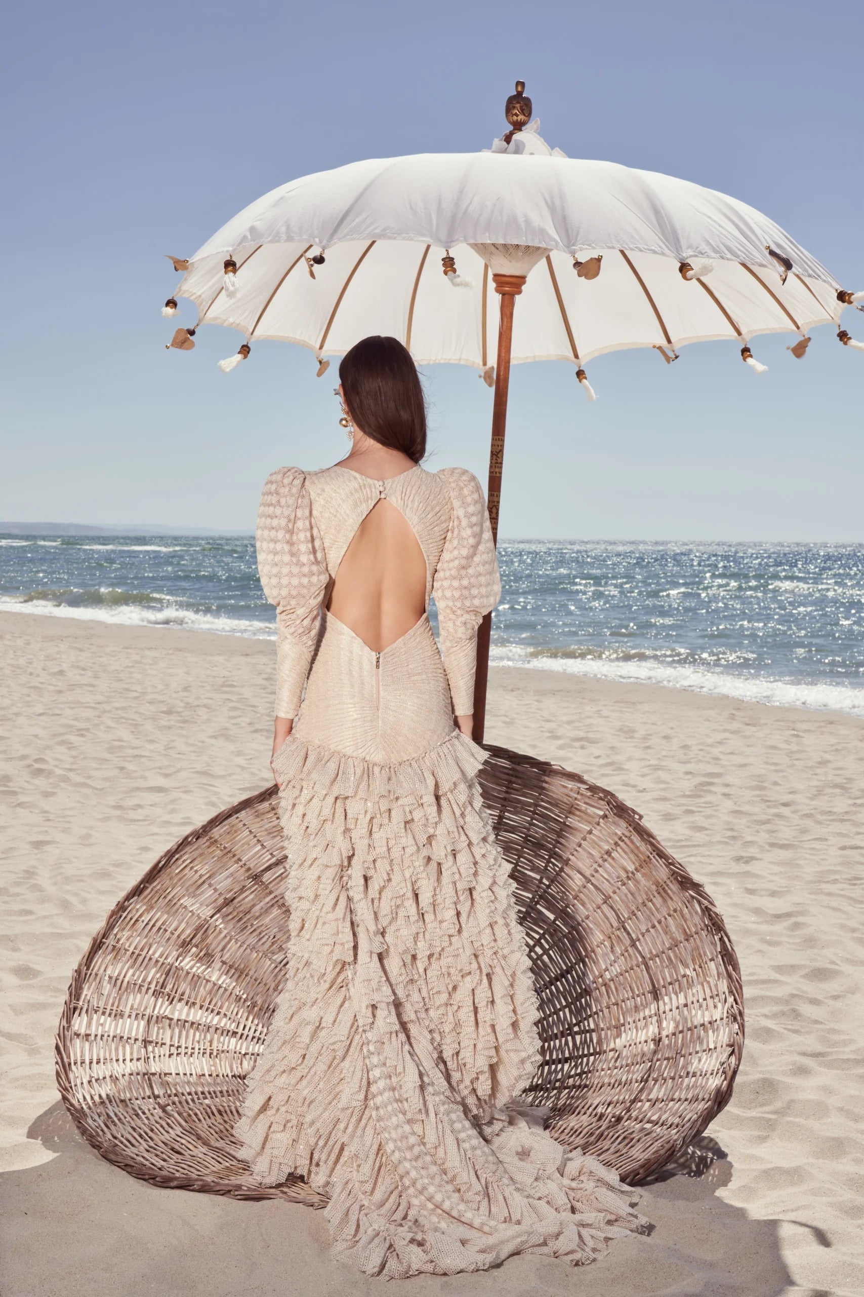 Cut-Out Detailed Open-Knit Ruffle Dress