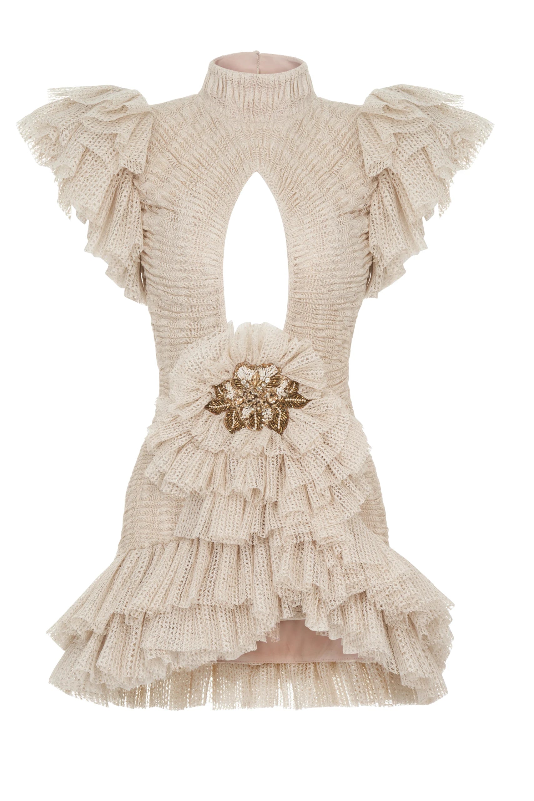 Cut-Out Detailed Open-Knit Ruffle Mini Dress