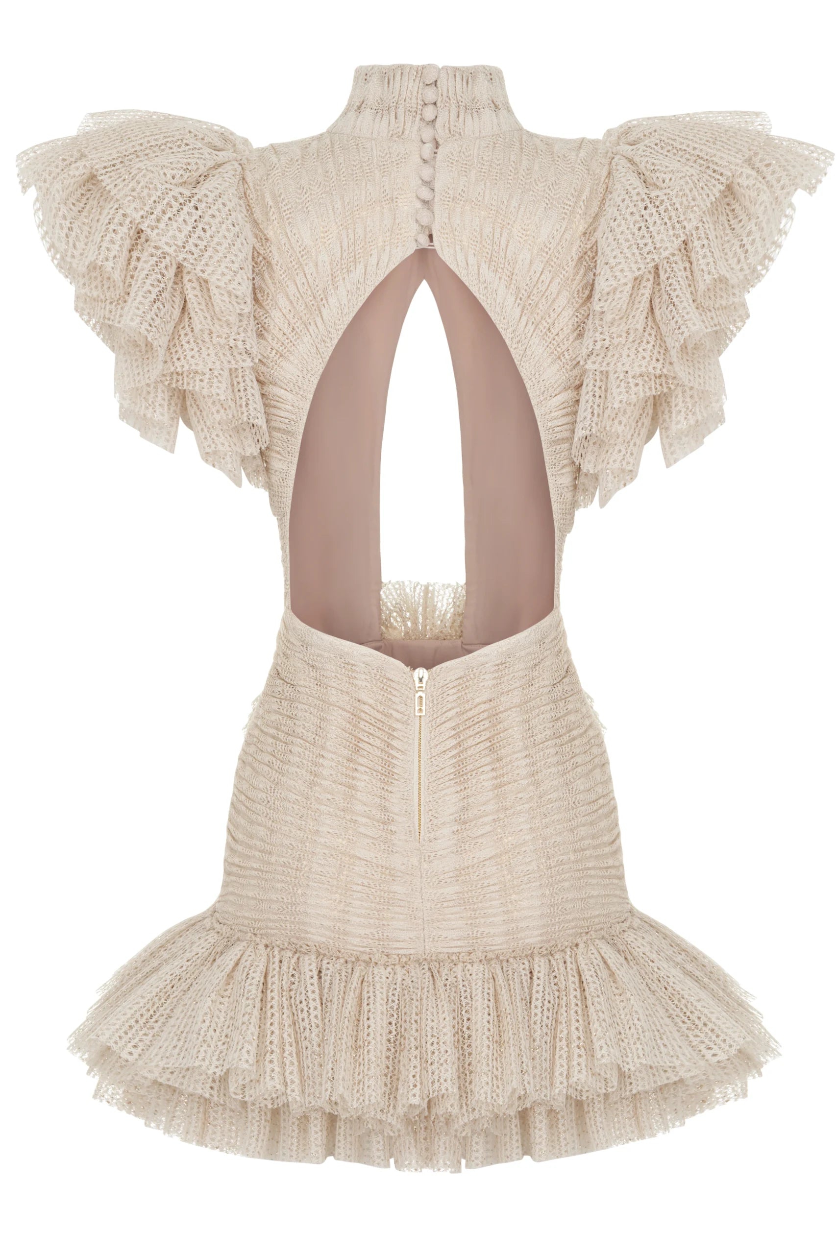 Cut-Out Detailed Open-Knit Ruffle Mini Dress