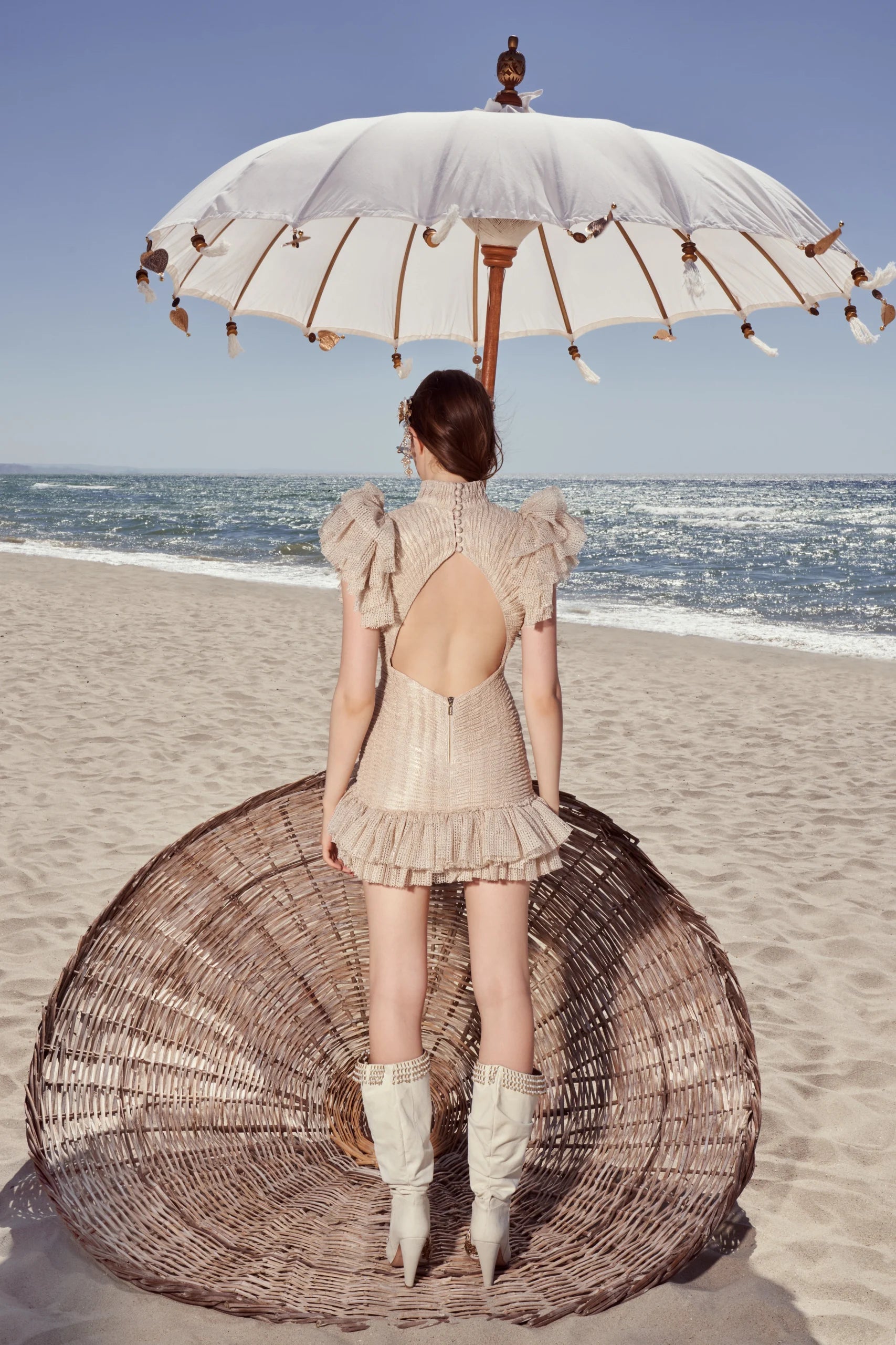 Cut-Out Detailed Open-Knit Ruffle Mini Dress