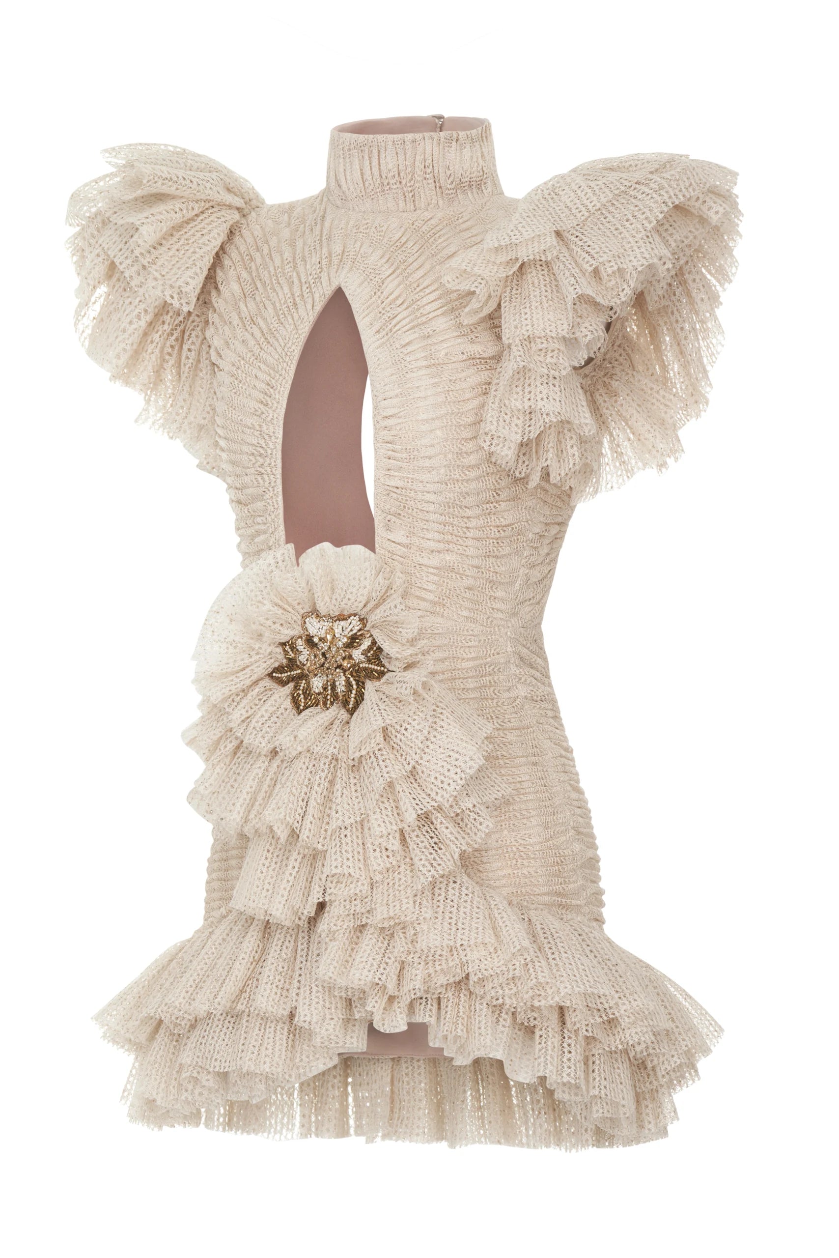 Cut-Out Detailed Open-Knit Ruffle Mini Dress