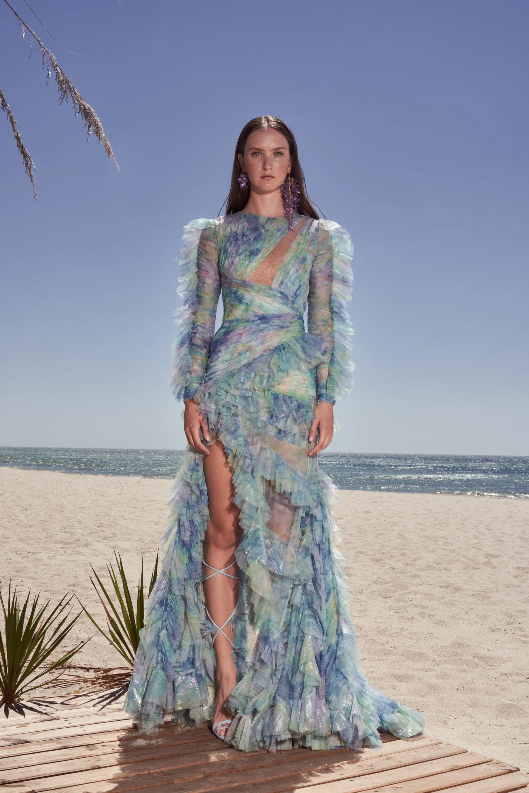 Cut-Out Floral Print Ruffle Long Sleeves Dress