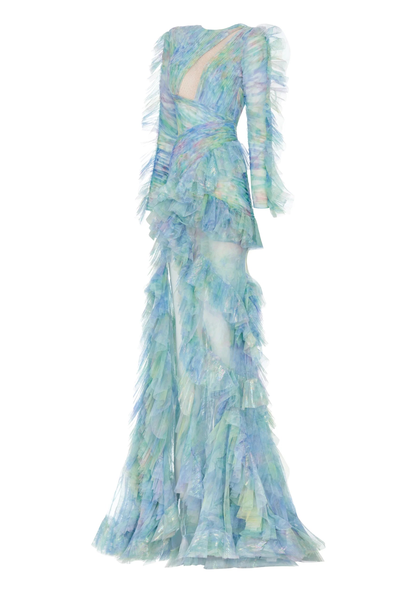 Cut-Out Floral Print Ruffle Long Sleeves Dress
