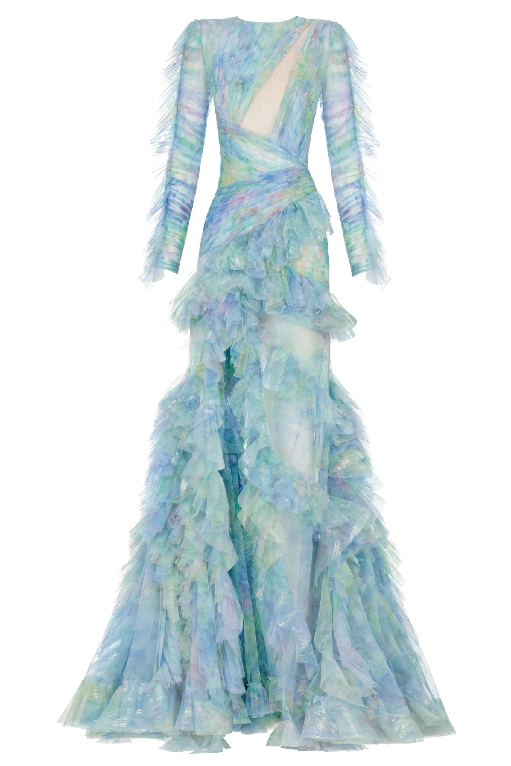 Cut-Out Floral Print Ruffle Long Sleeves Dress