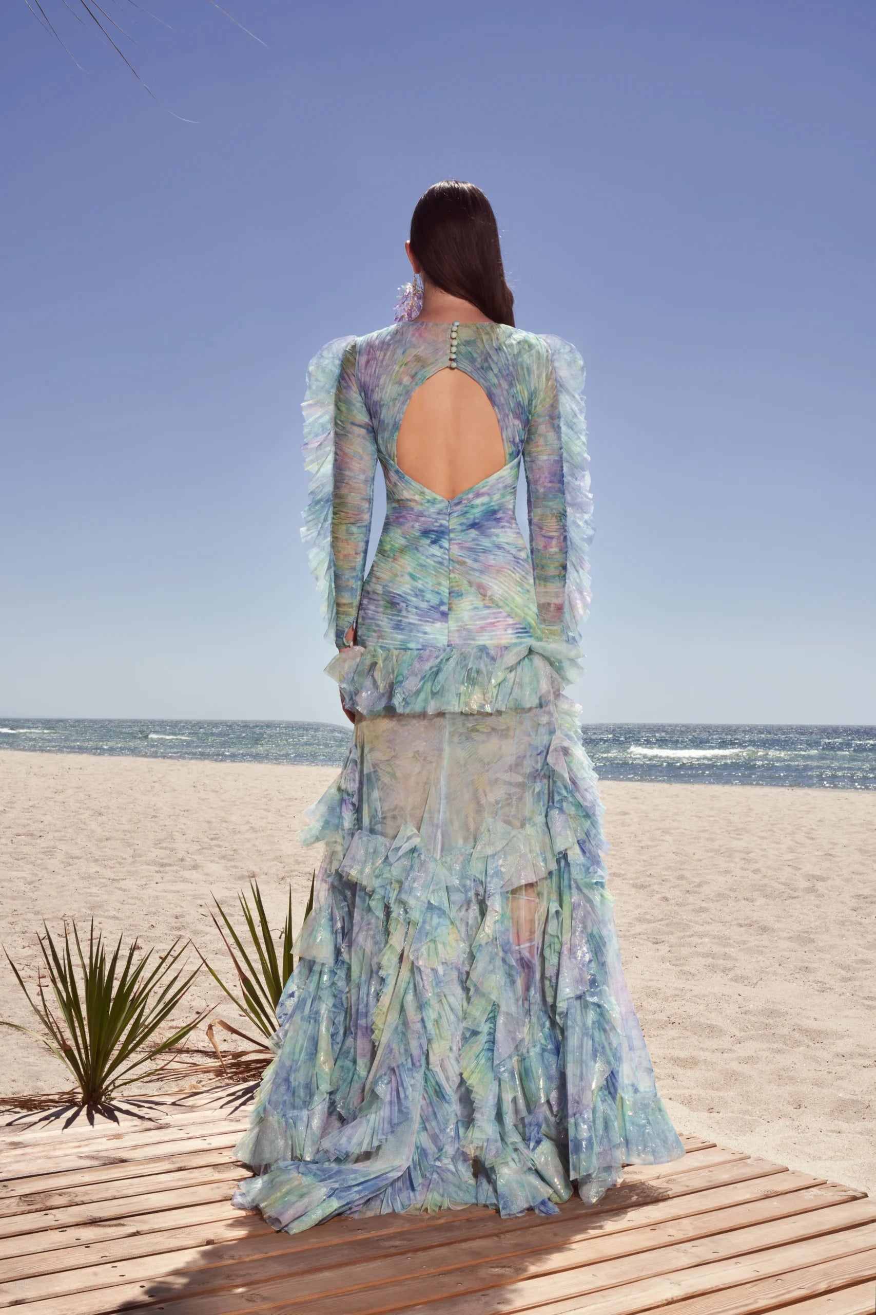 Cut-Out Floral Print Ruffle Long Sleeves Dress