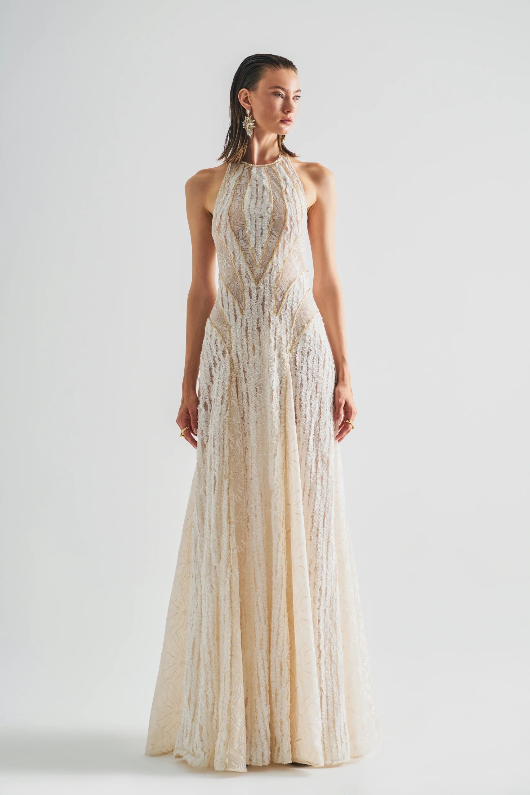 Delicate Lace Ruffle Halter Neck Dress