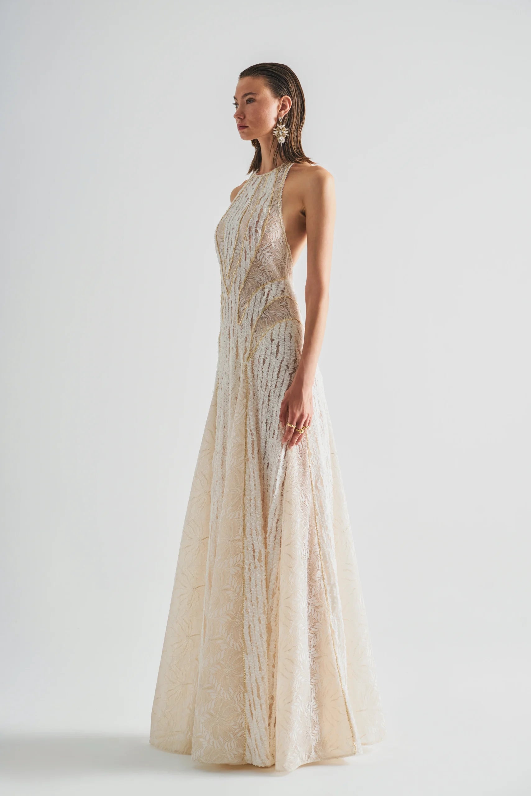 Delicate Lace Ruffle Halter Neck Dress