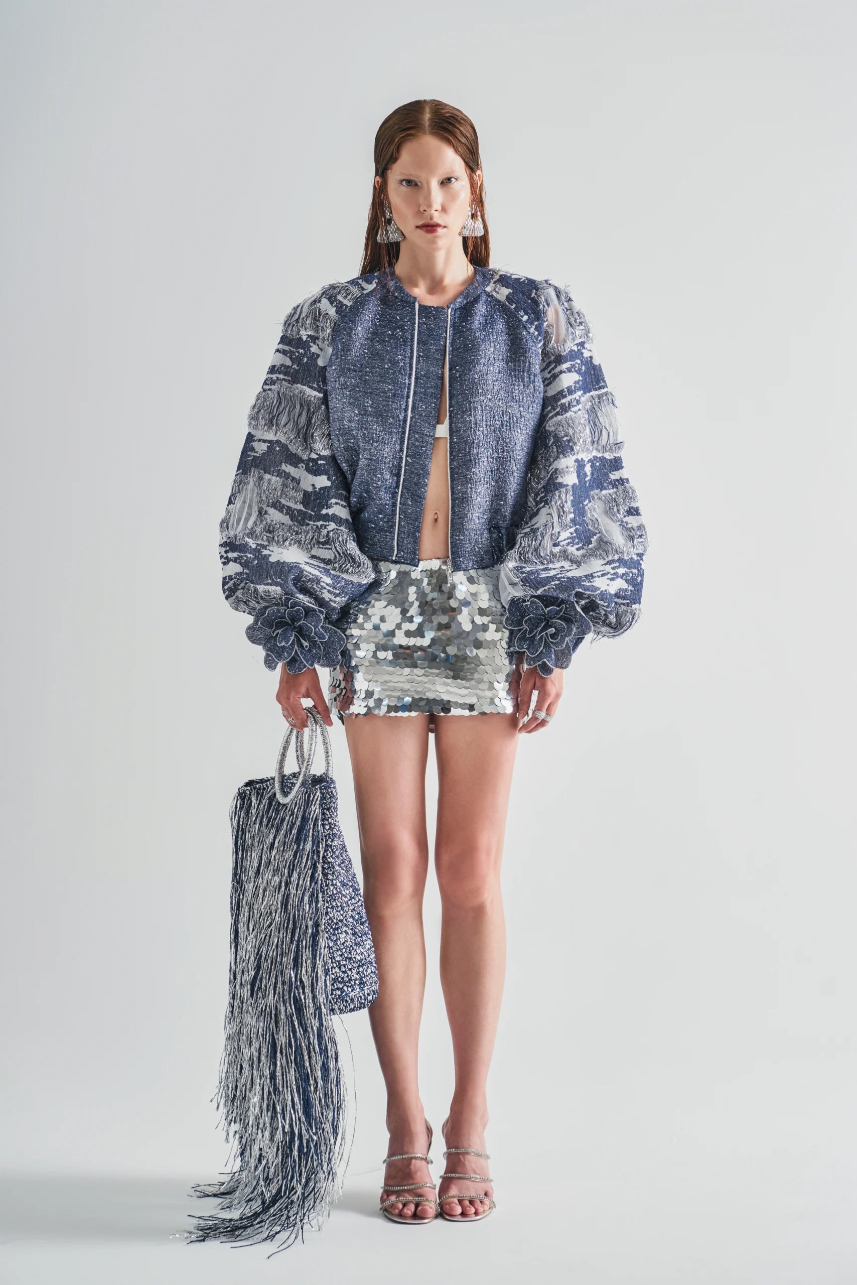 Denim Effect Floral Detailed Crop Jacket