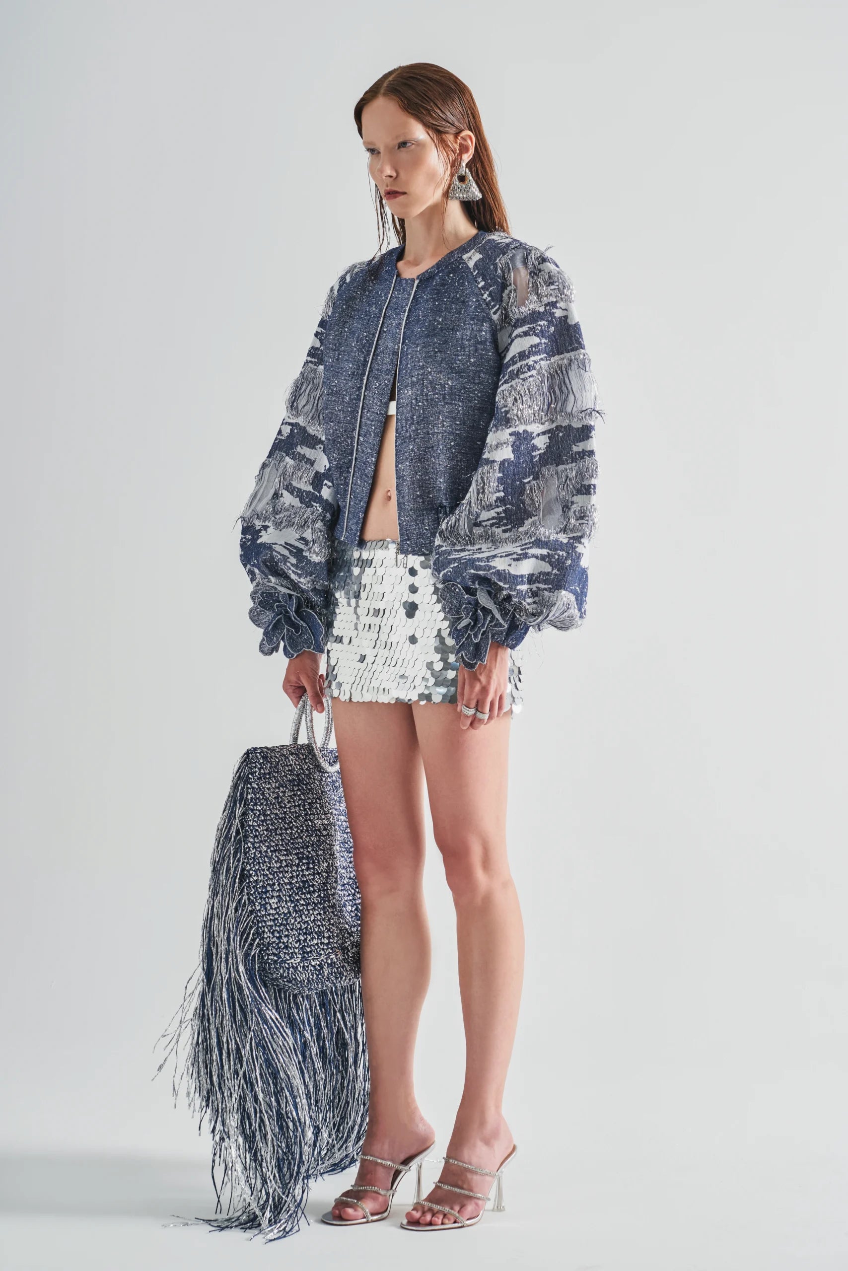 Denim Effect Floral Detailed Crop Jacket