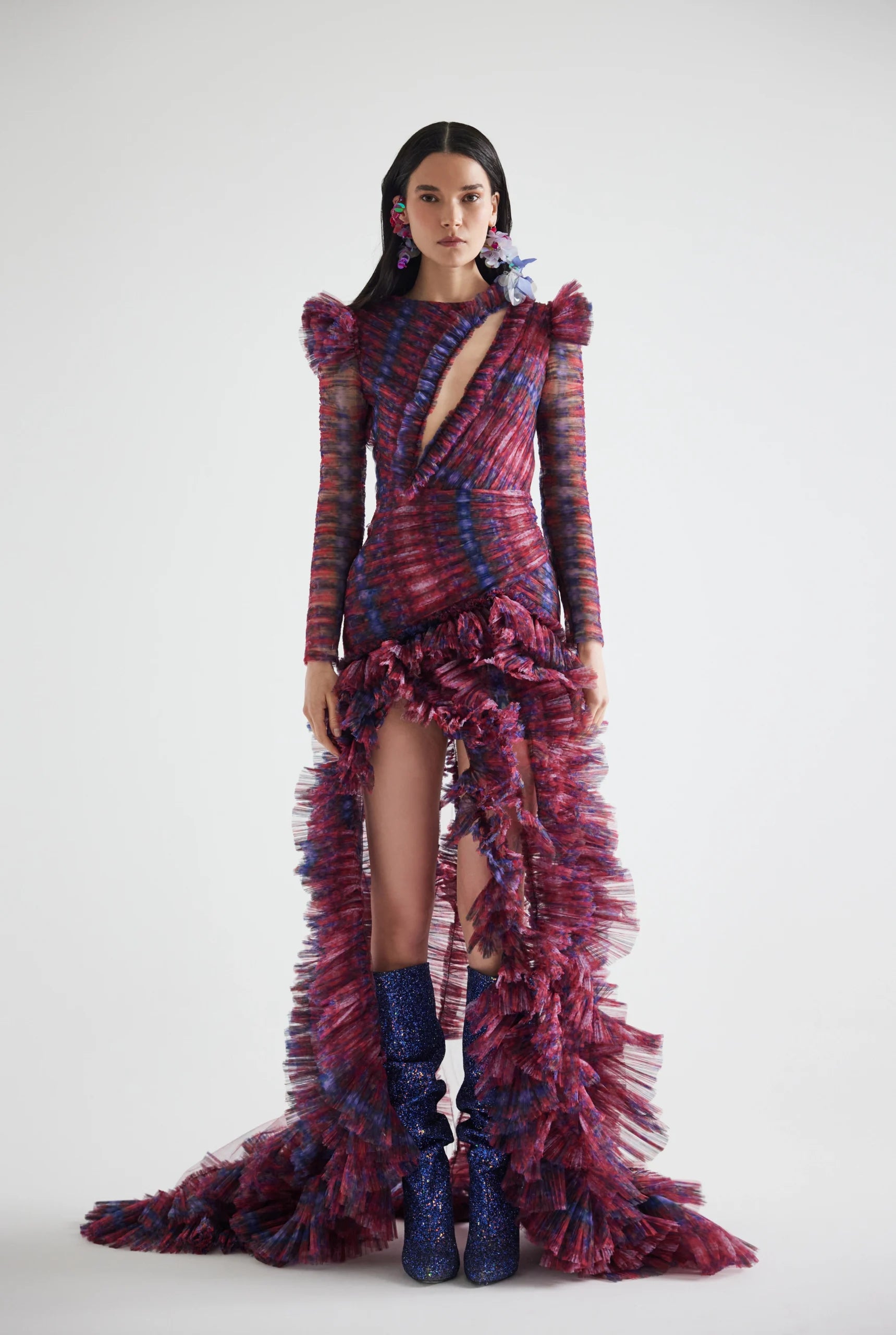 Draped Bust Detailed Side-Slit Patterned Dress