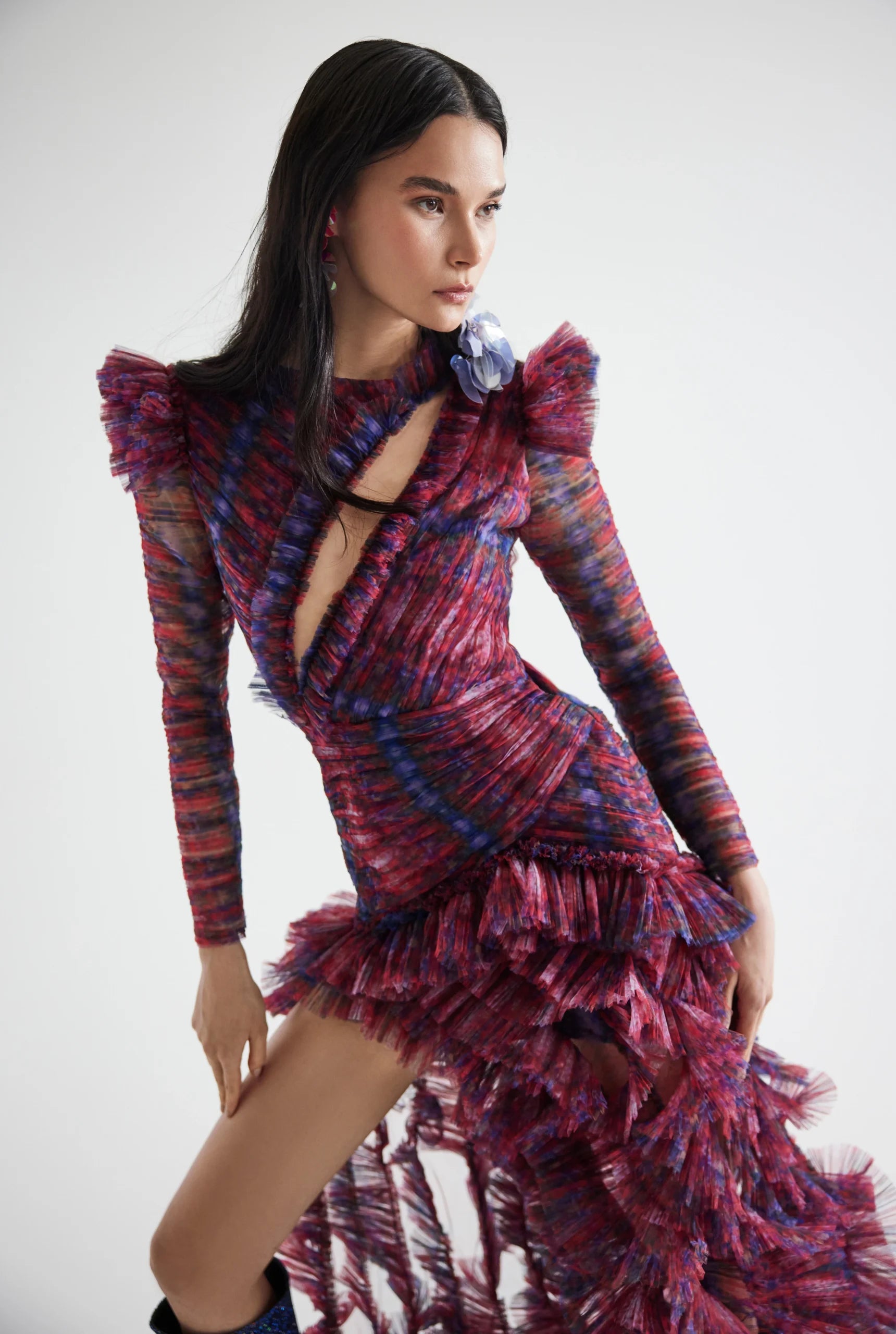 Draped Bust Detailed Side-Slit Patterned Dress