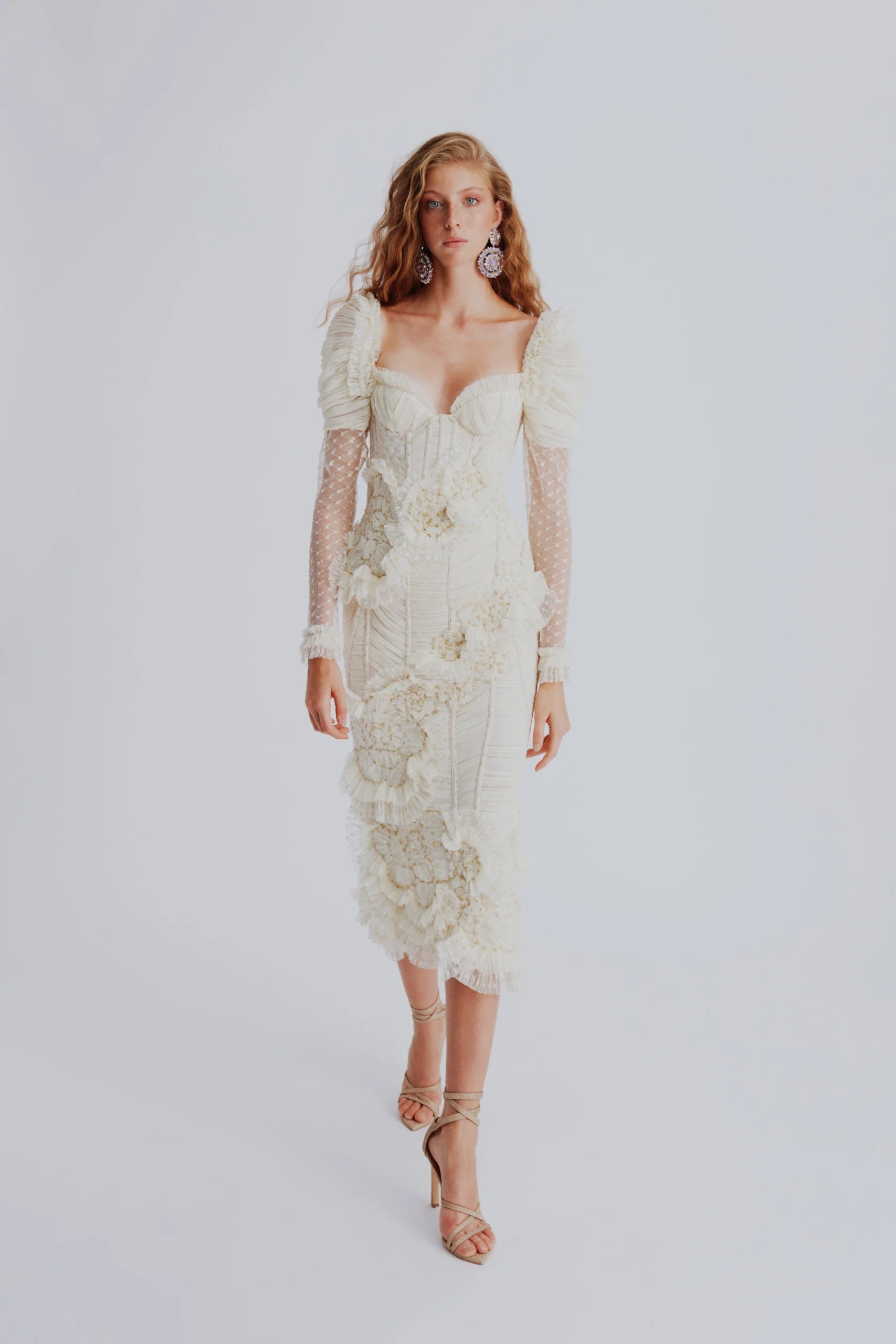 Draped Puff Sleeve Midi Dress