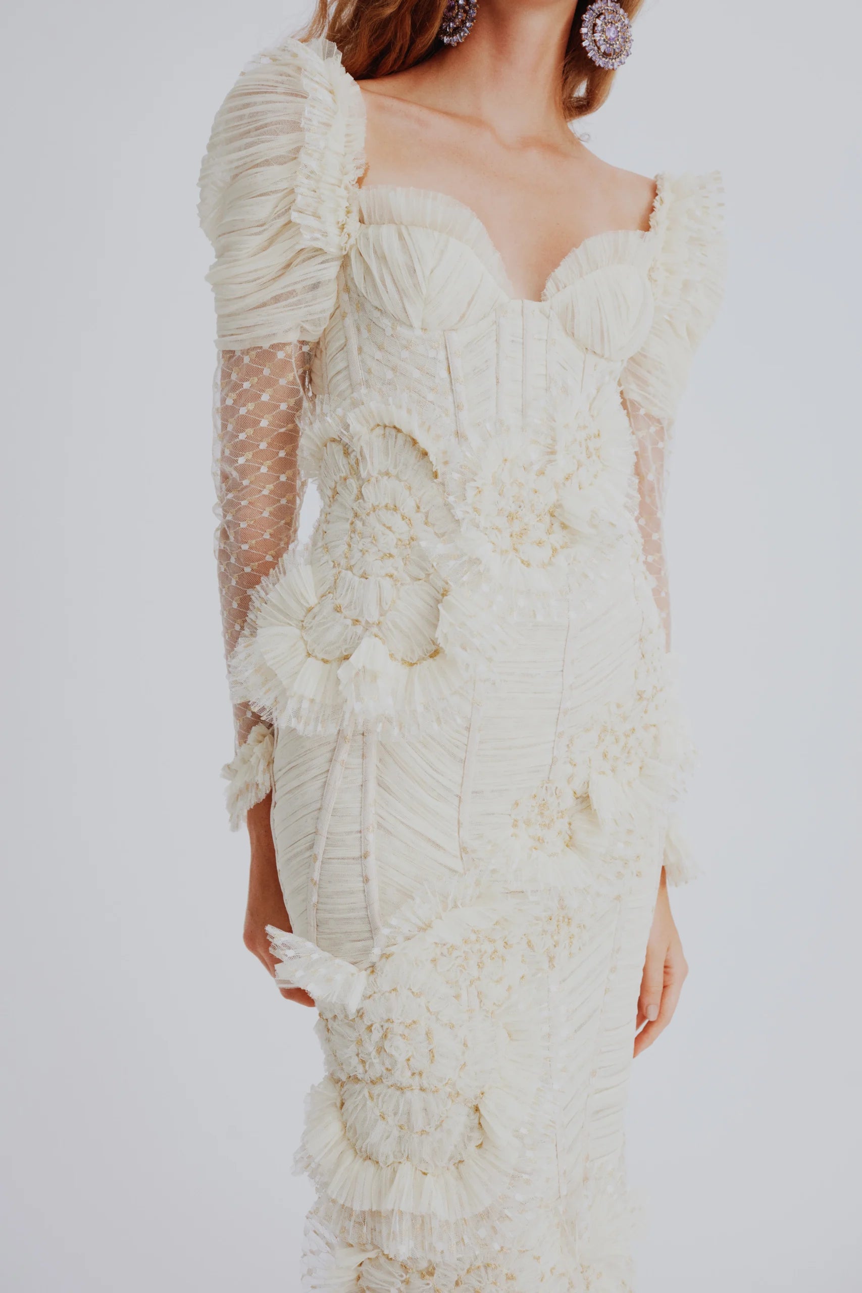 Draped Puff Sleeve Midi Dress