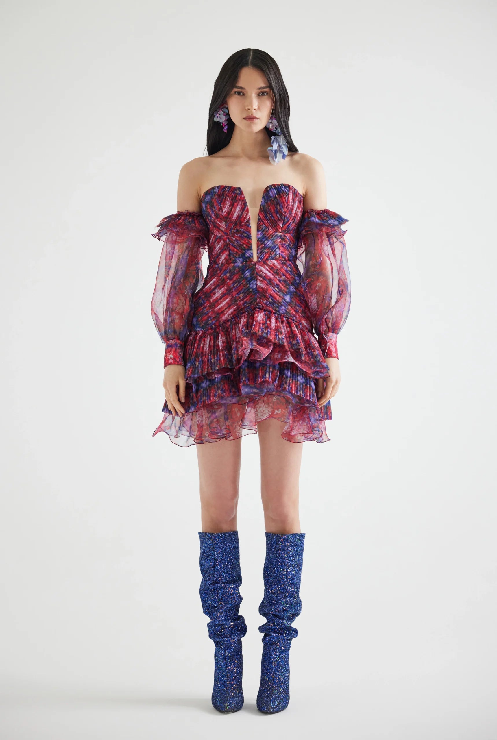 Draped Puffed Sleeves Patterned Mini Dress