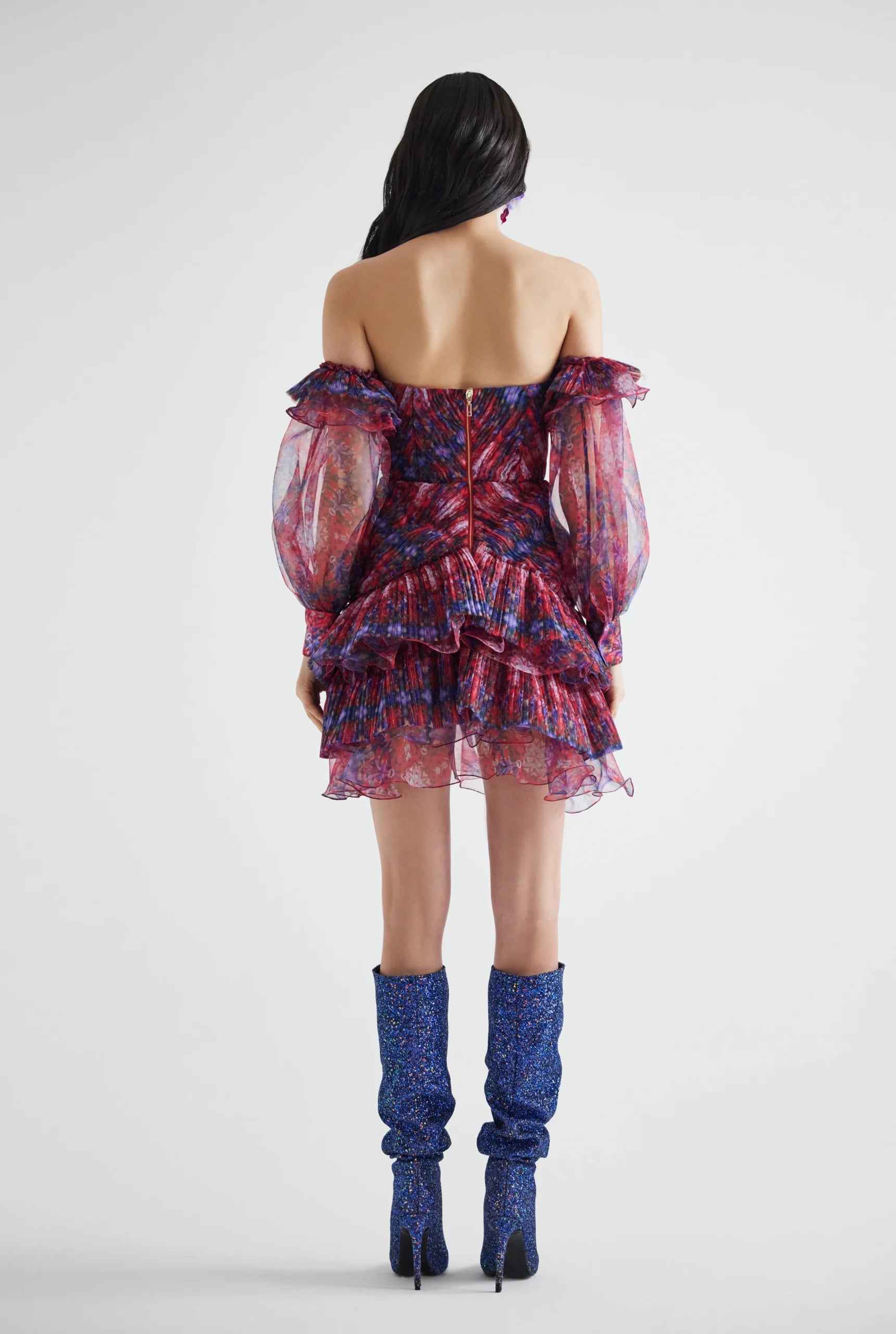 Draped Puffed Sleeves Patterned Mini Dress