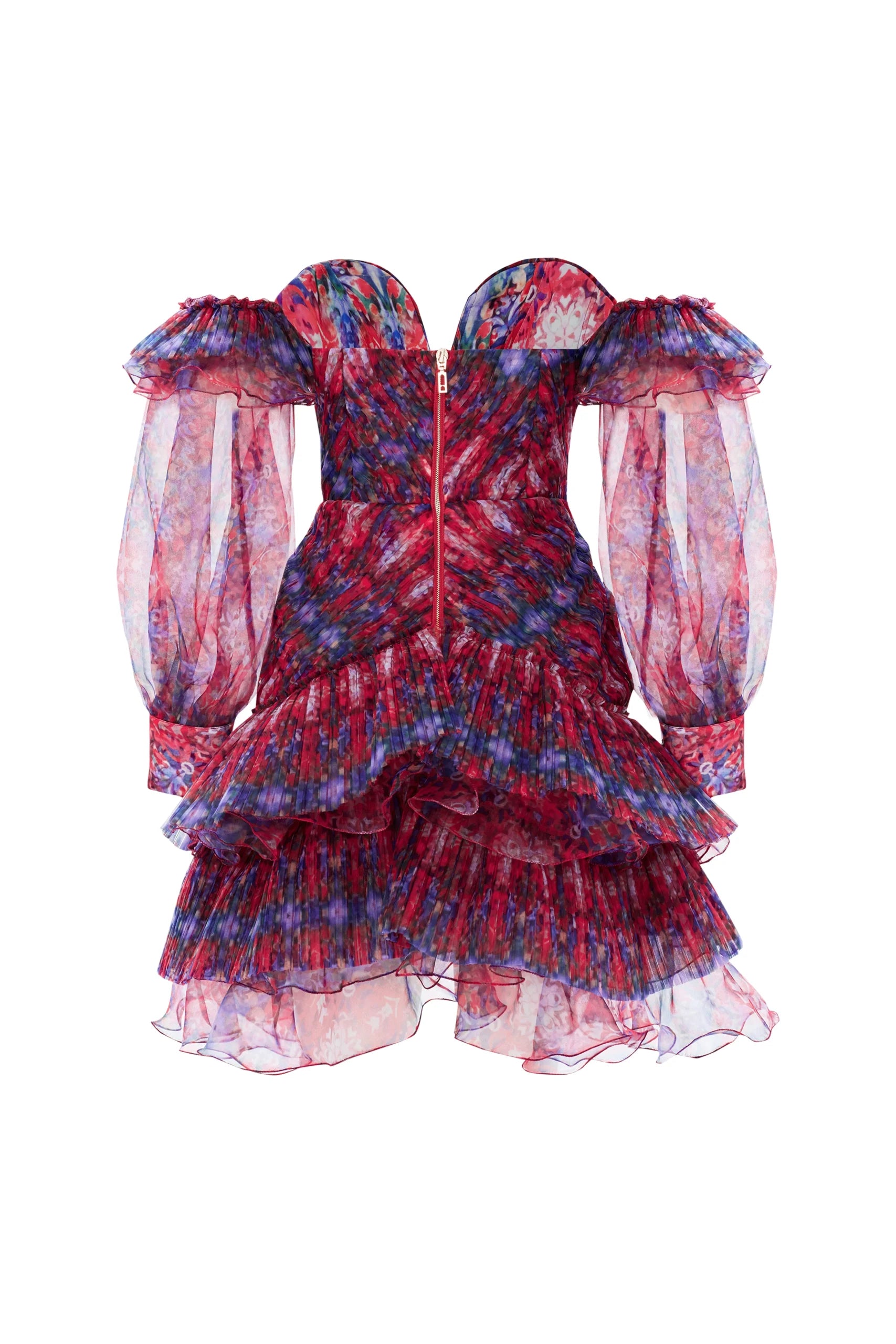 Draped Puffed Sleeves Patterned Mini Dress