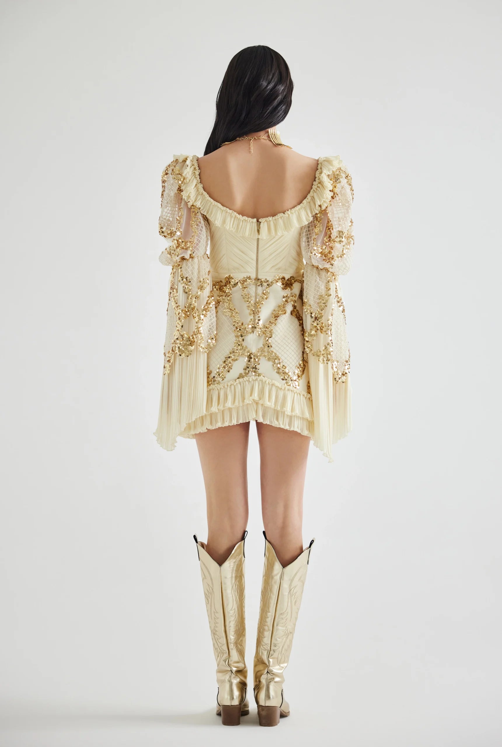 Ecru-Gold Sequined Puff Sleeve Mini Dress