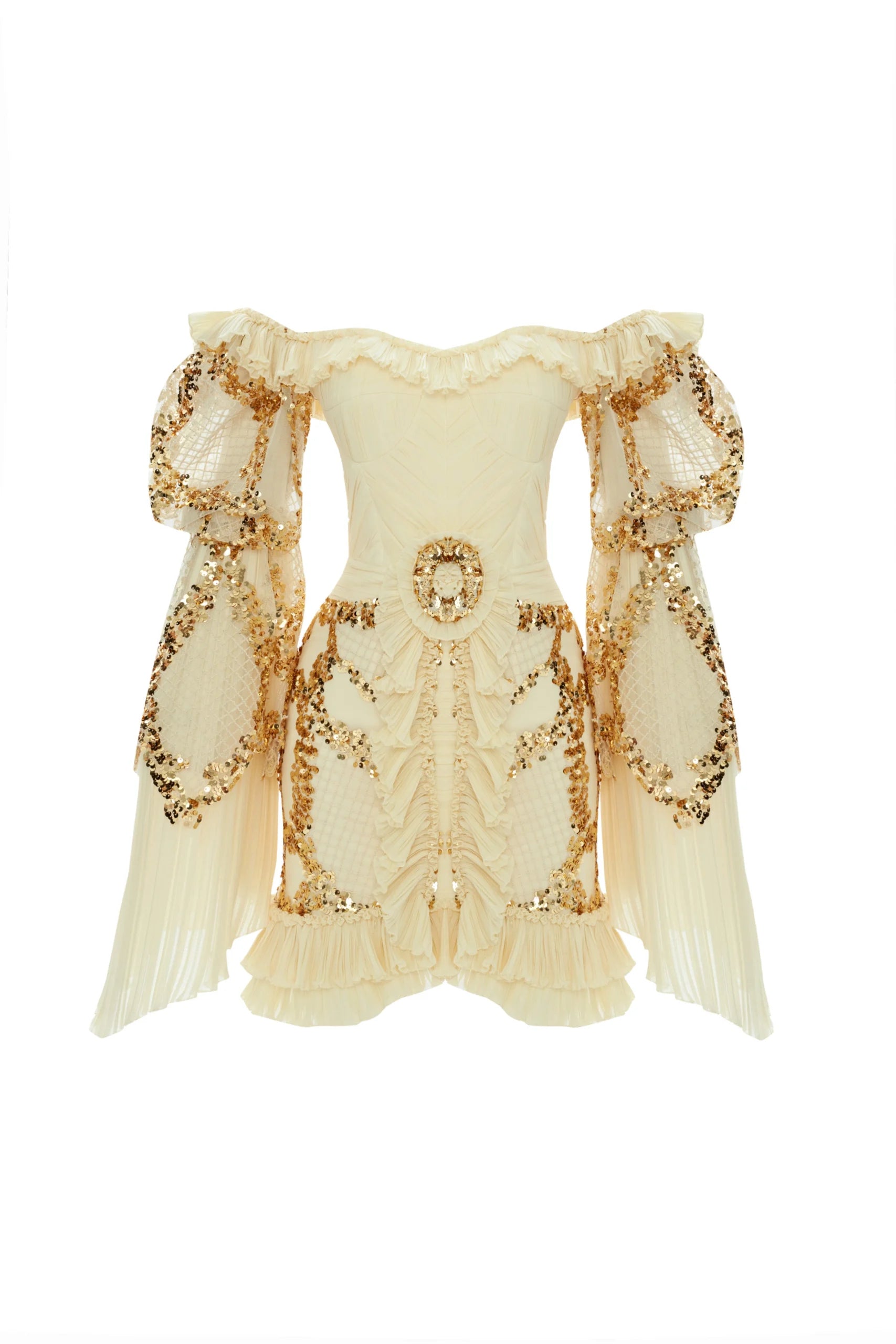 Ecru-Gold Sequined Puff Sleeve Mini Dress