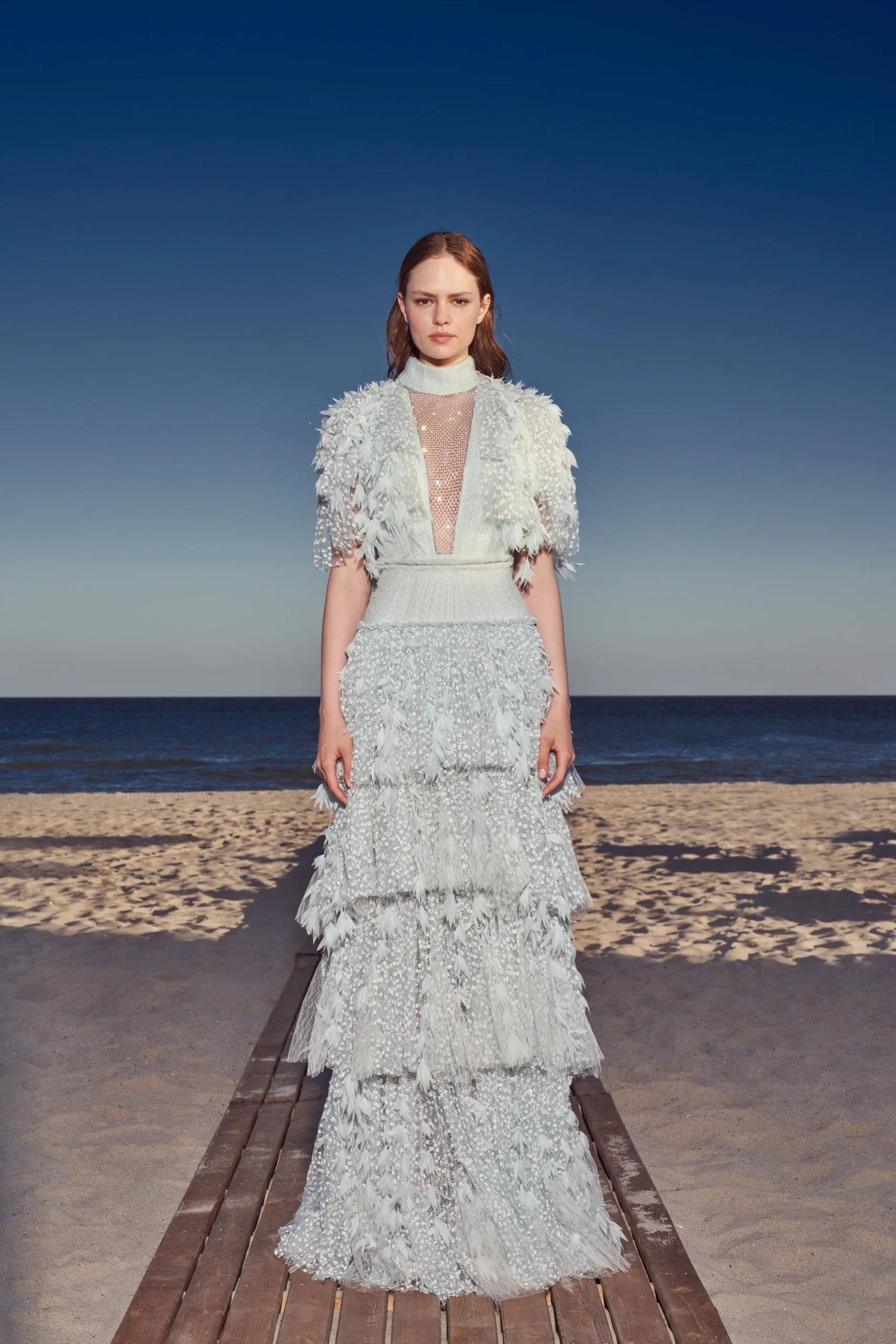 Floral-Textured Layered Tulle Maxi Dress