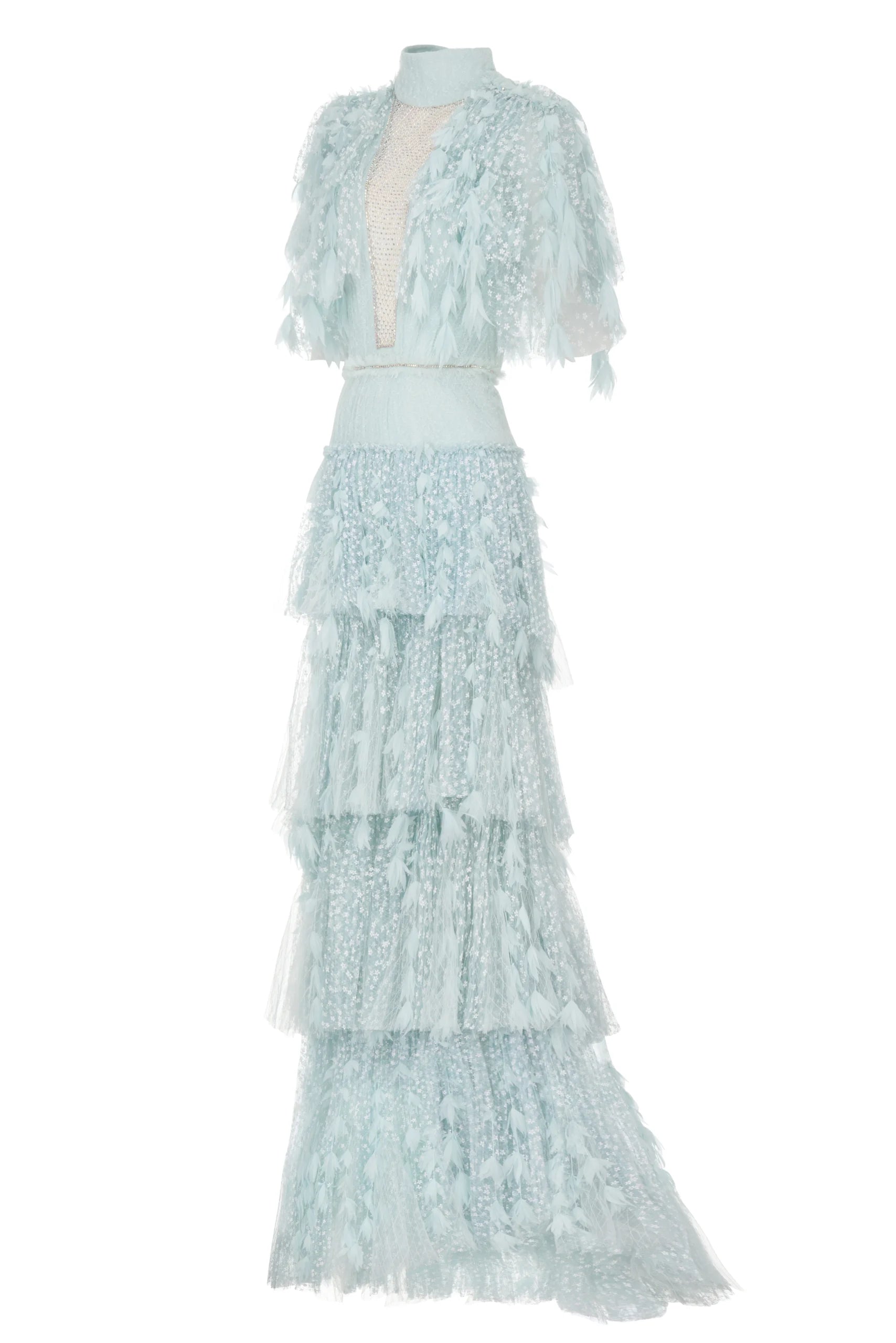 Floral-Textured Layered Tulle Maxi Dress