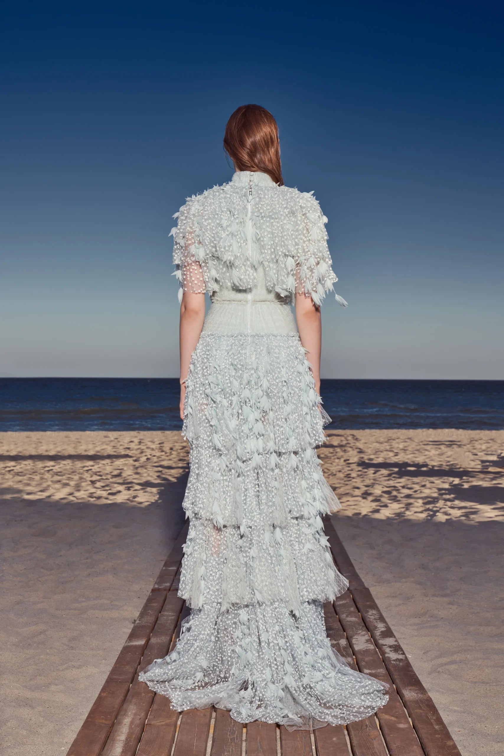 Floral-Textured Layered Tulle Maxi Dress