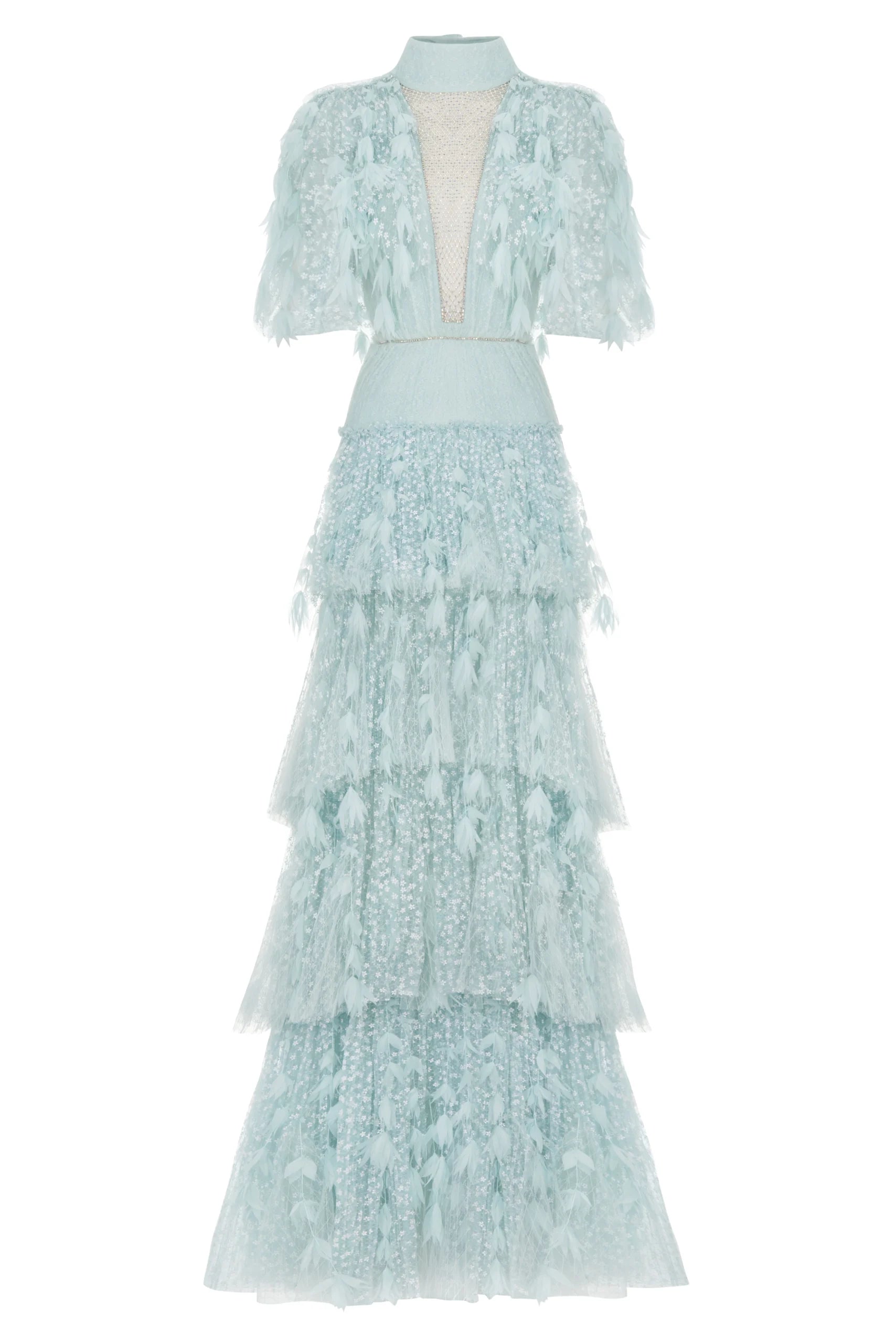 Floral-Textured Layered Tulle Maxi Dress