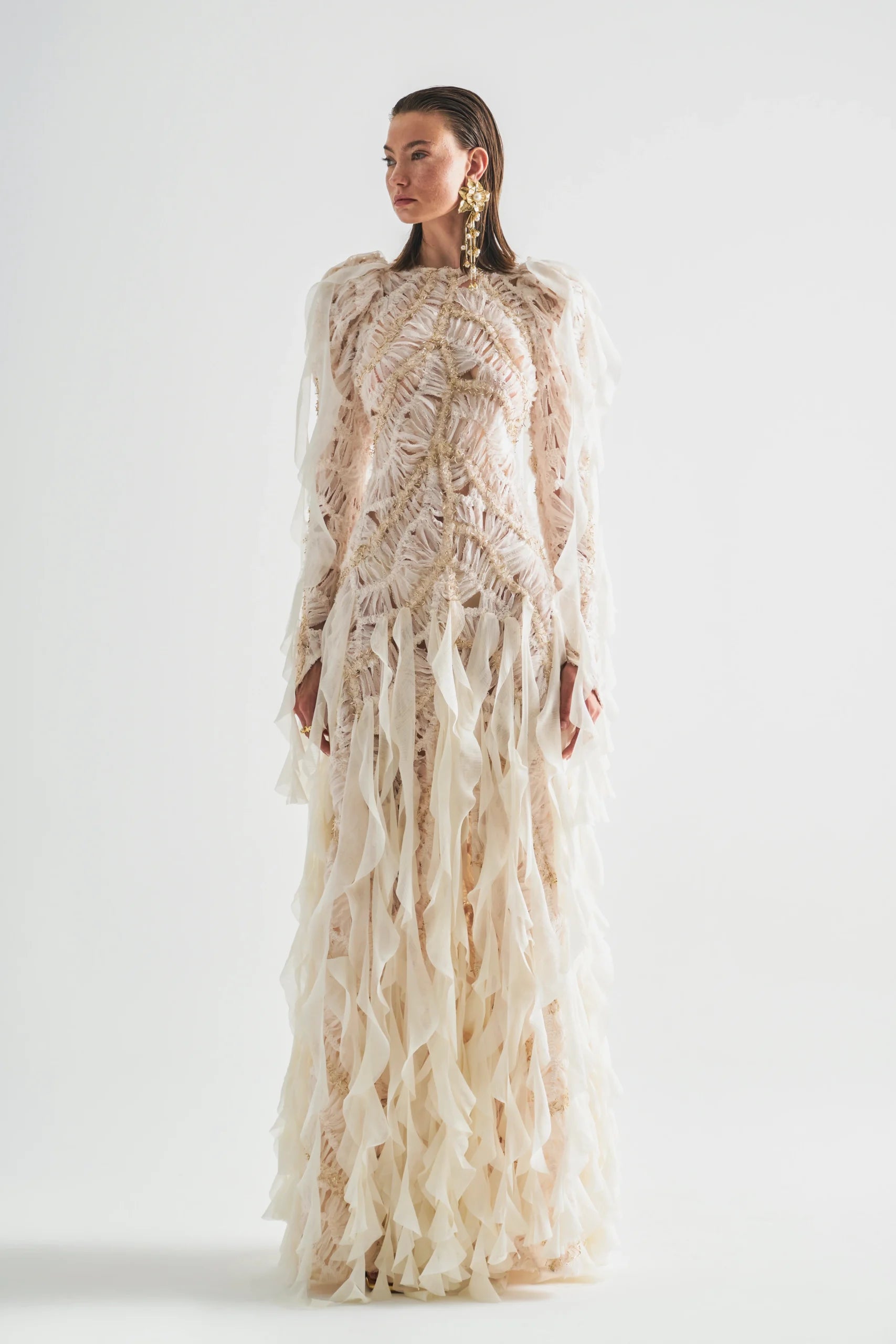 Flounce Dress with Embroidery Detail and  Layered Tulle Ruffles