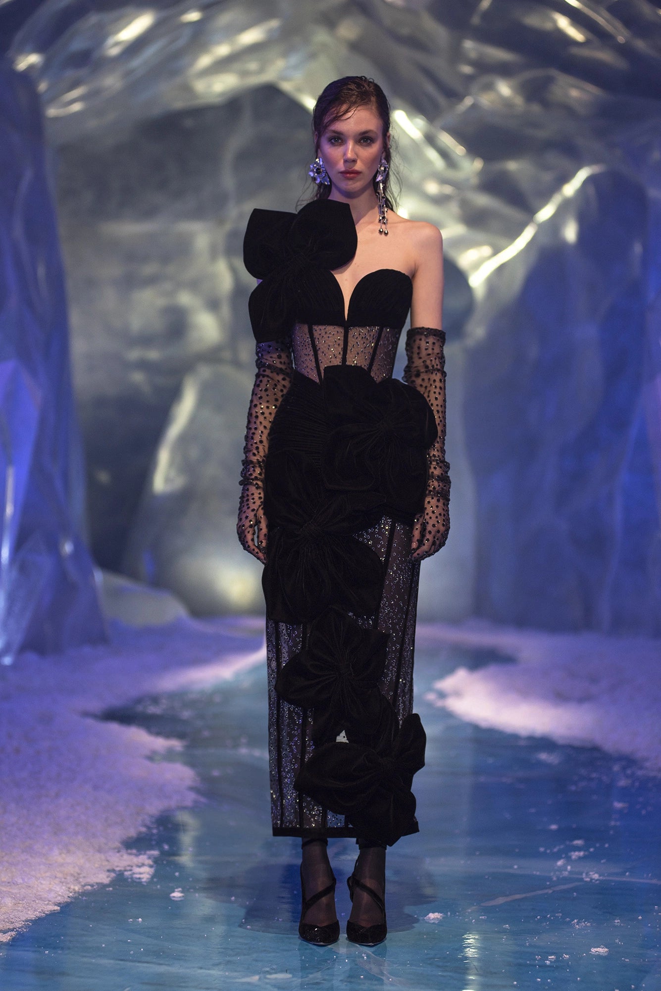 Flower Decorated Corset Velvet Dress