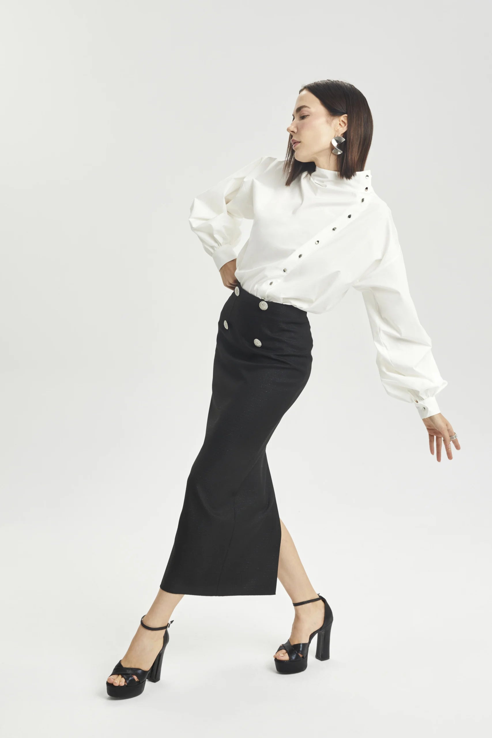 Glitter Midi Skirt with Silver Appliqué