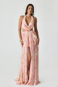 Draped Chiffon Maxi Dress With Laser Floral And Pleat Details