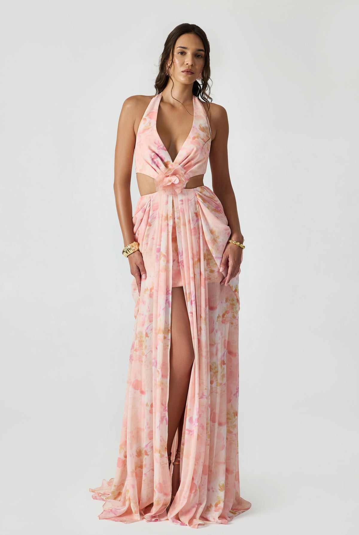 Draped Chiffon Maxi Dress With Laser Floral And Pleat Details