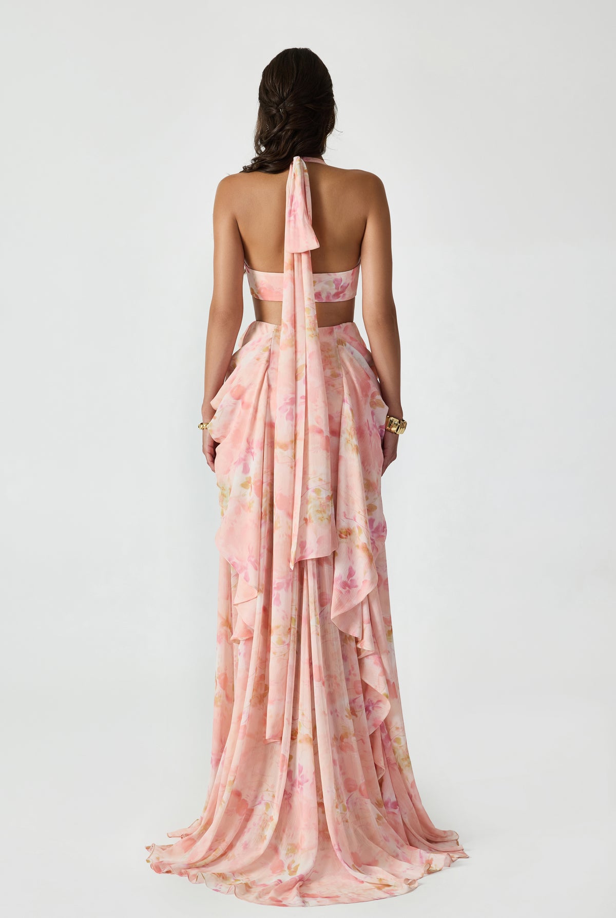 Draped Chiffon Maxi Dress With Laser Floral And Pleat Details