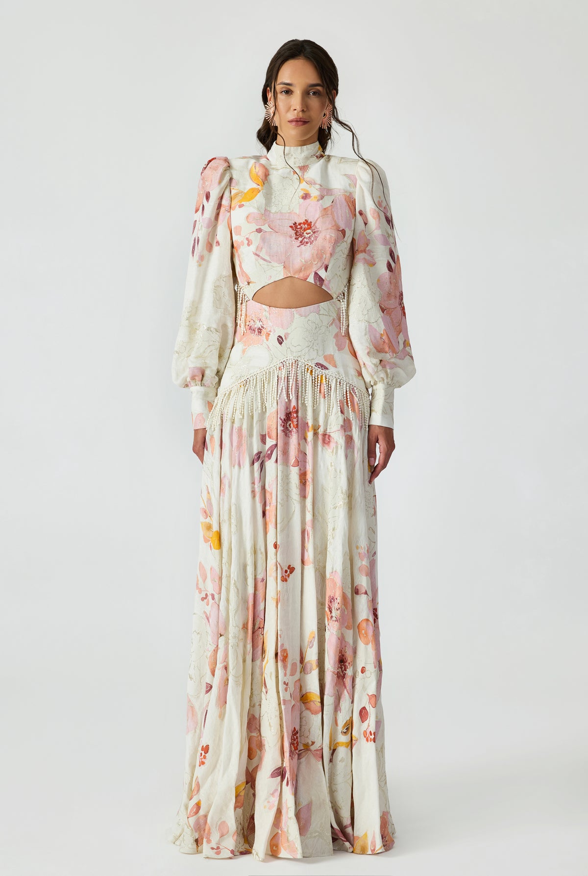 Backless And Cut-Out Detailed Jacquard Linen Maxi Dress With Fringe Trim