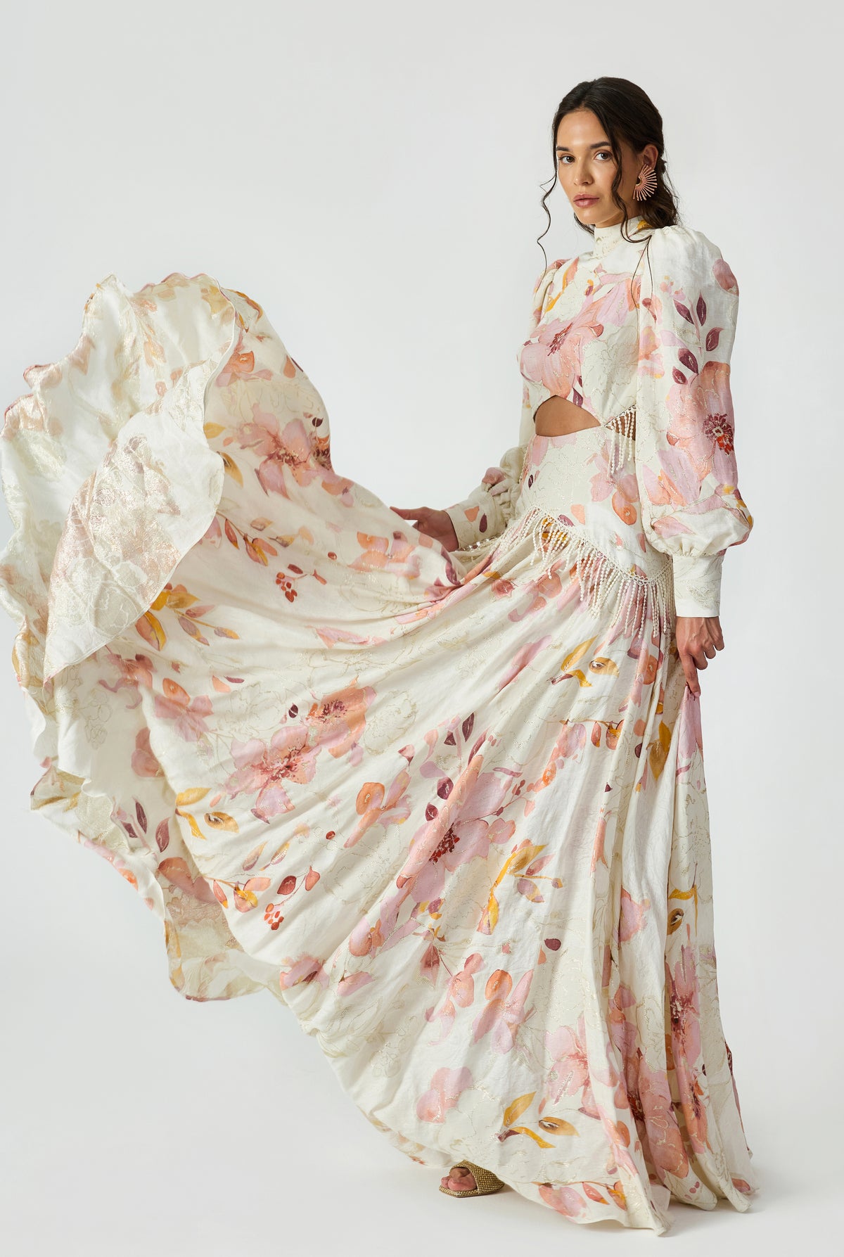Backless And Cut-Out Detailed Jacquard Linen Maxi Dress With Fringe Trim